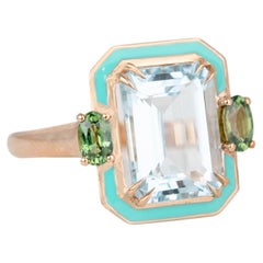 Art Deco Style 4.5 Ct. Aquamarine and Green Sapphire 14K Gold Cocktail Ring