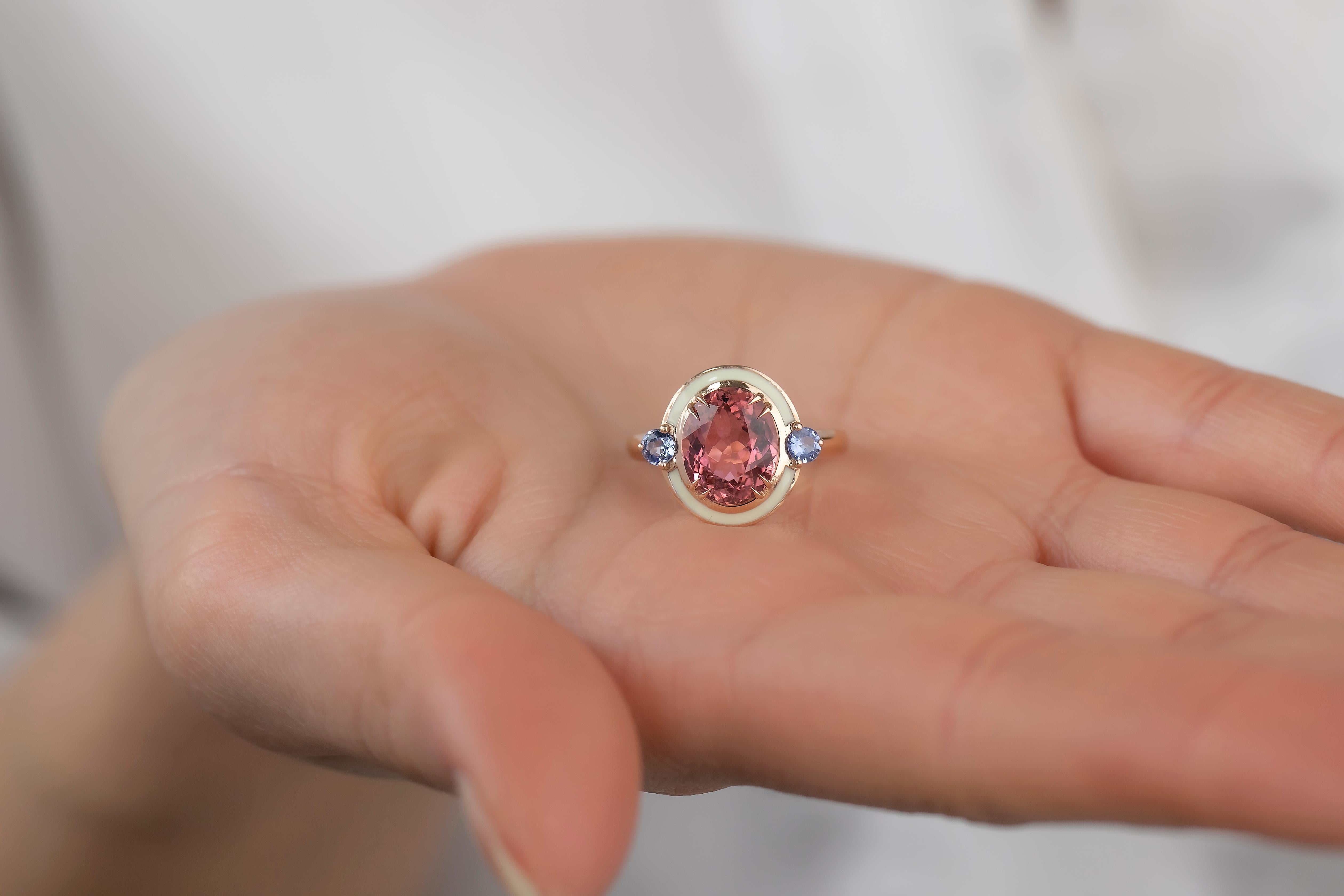 For Sale:  Art Deco Style 4.60 ct Tourmaline and 0.30 Ceylon Sapphire Ring, 14K Gold Ring 10