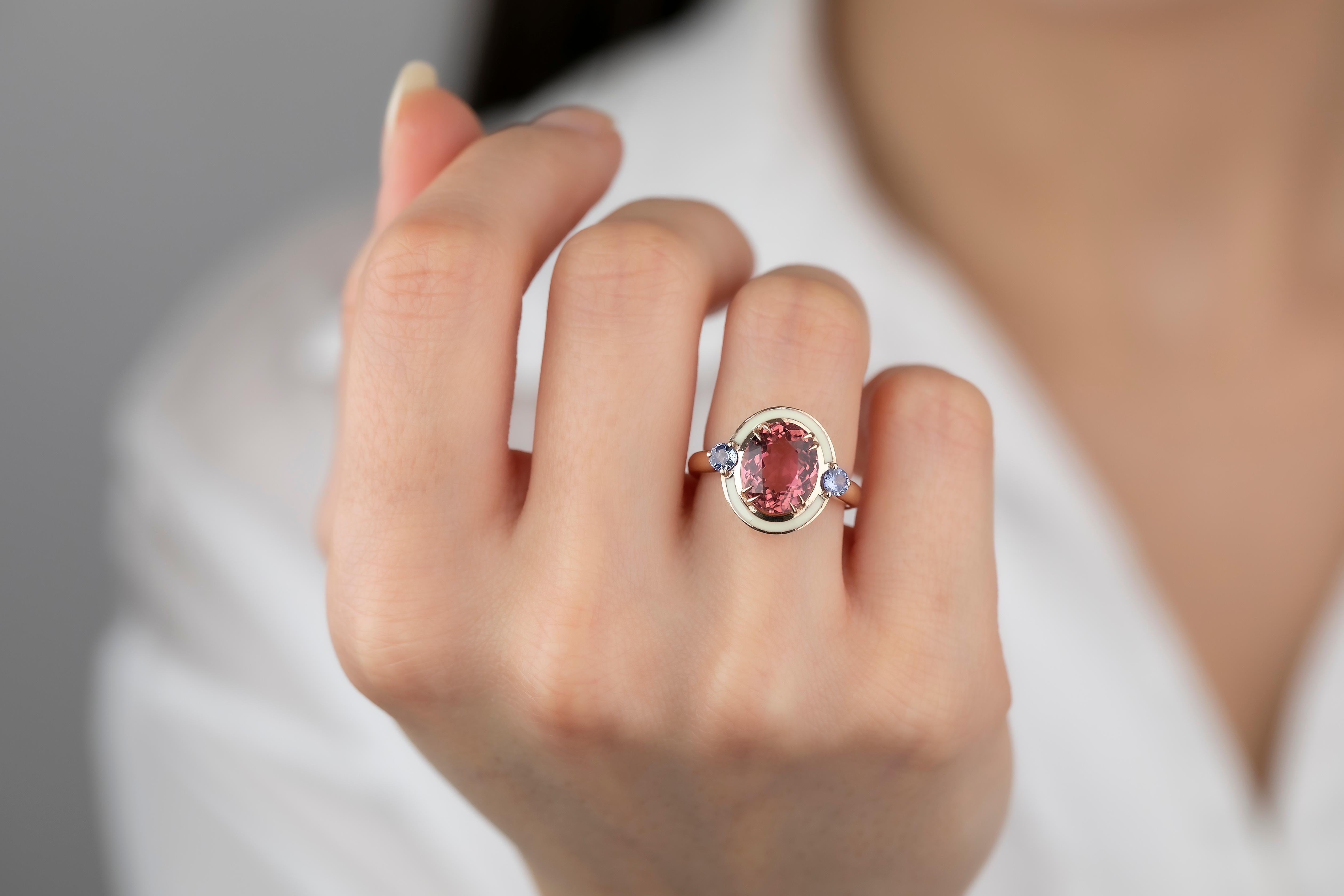 For Sale:  Art Deco Style 4.60 ct Tourmaline and 0.30 Ceylon Sapphire Ring, 14K Gold Ring 11