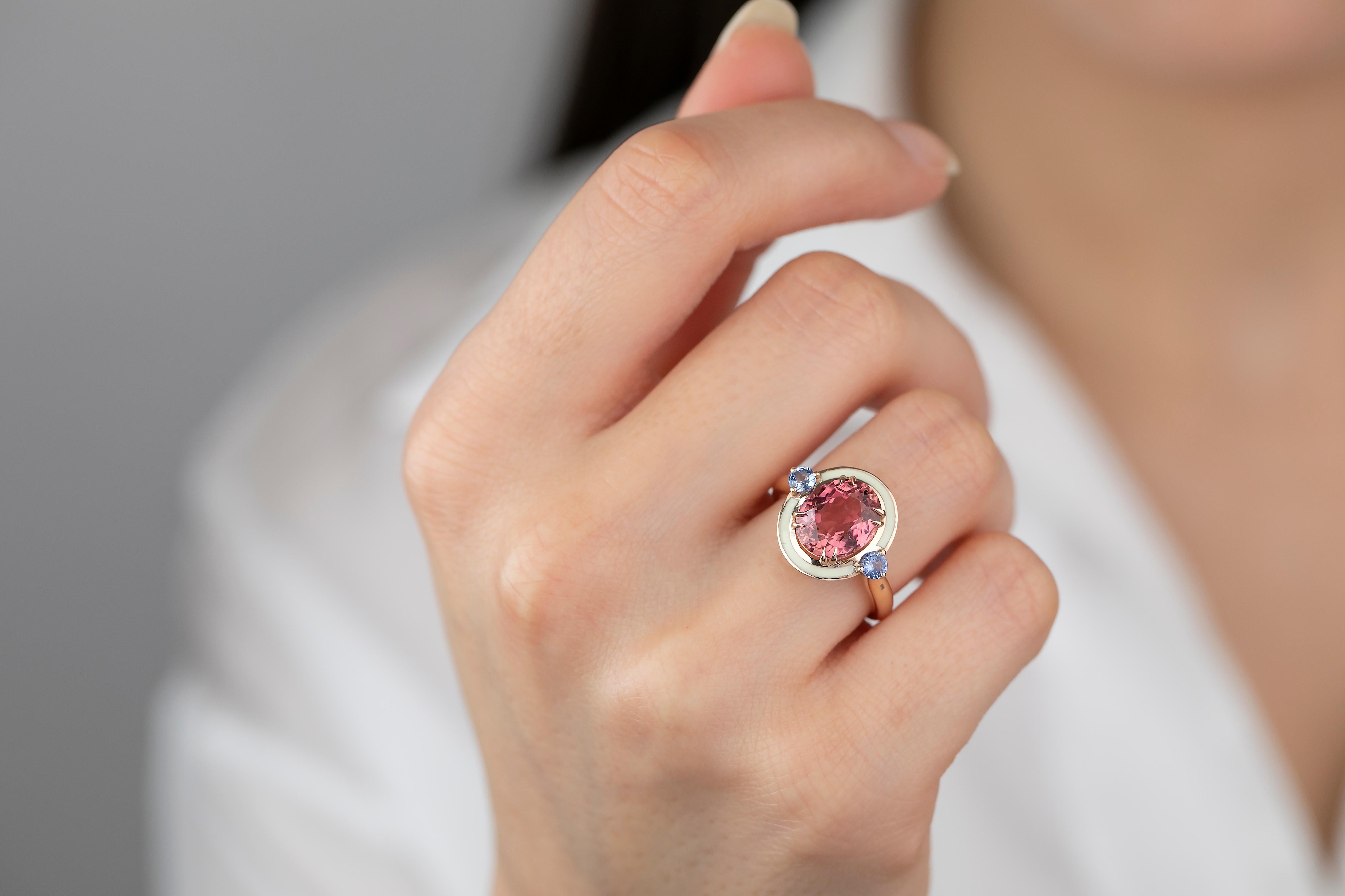 For Sale:  Art Deco Style 4.60 ct Tourmaline and 0.30 Ceylon Sapphire Ring, 14K Gold Ring 12