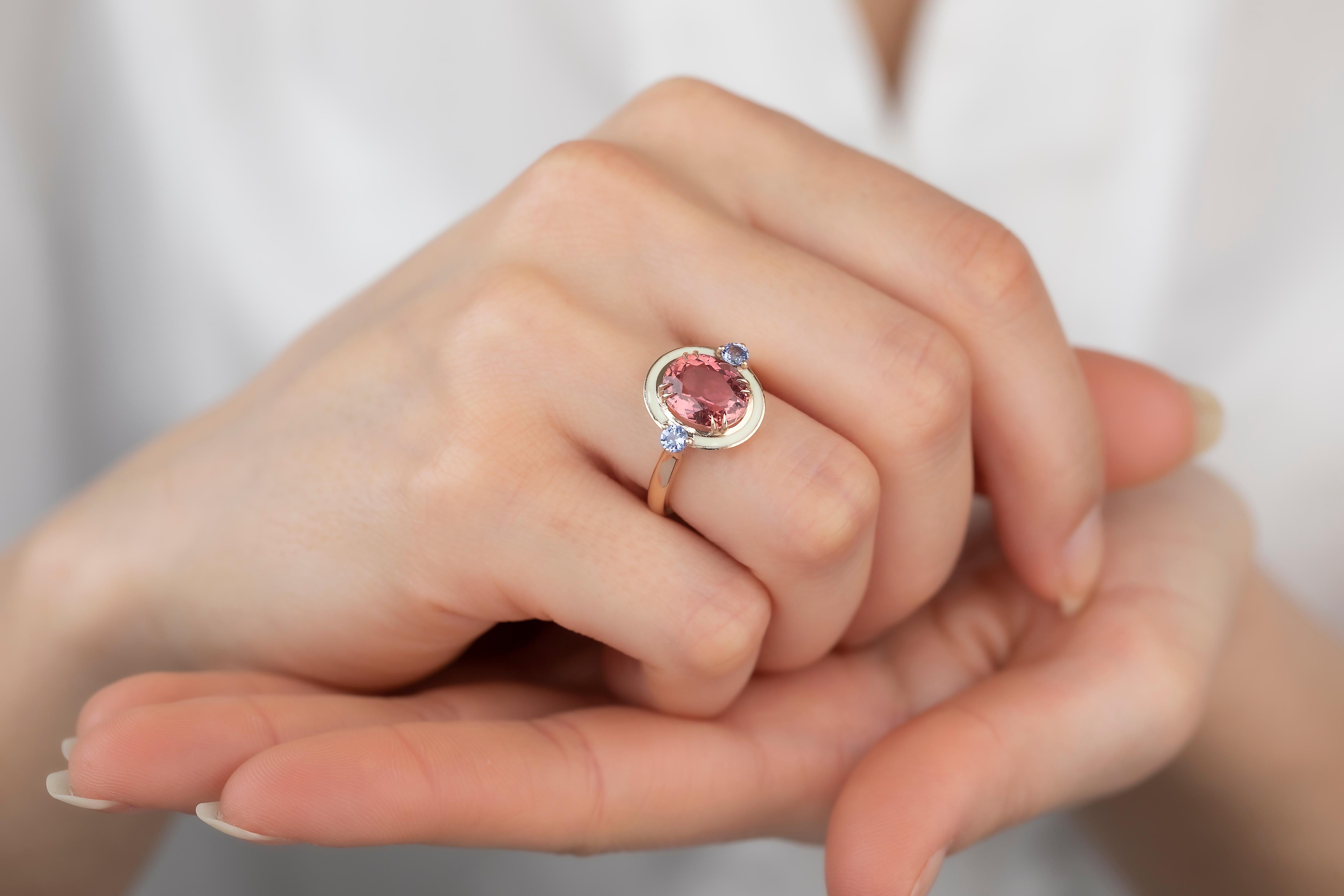 For Sale:  Art Deco Style 4.60 ct Tourmaline and 0.30 Ceylon Sapphire Ring, 14K Gold Ring 13