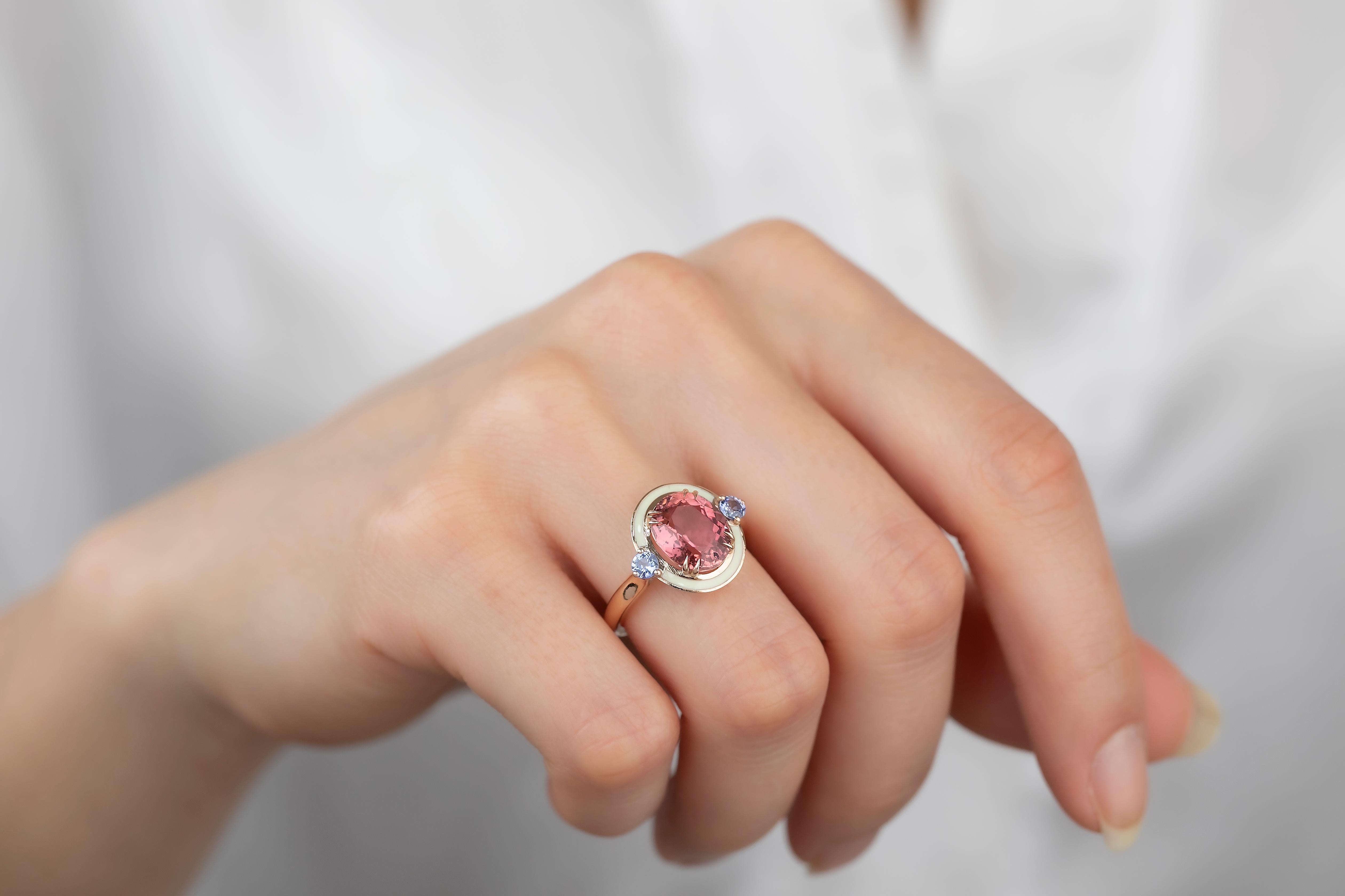 For Sale:  Art Deco Style 4.60 ct Tourmaline and 0.30 Ceylon Sapphire Ring, 14K Gold Ring 14