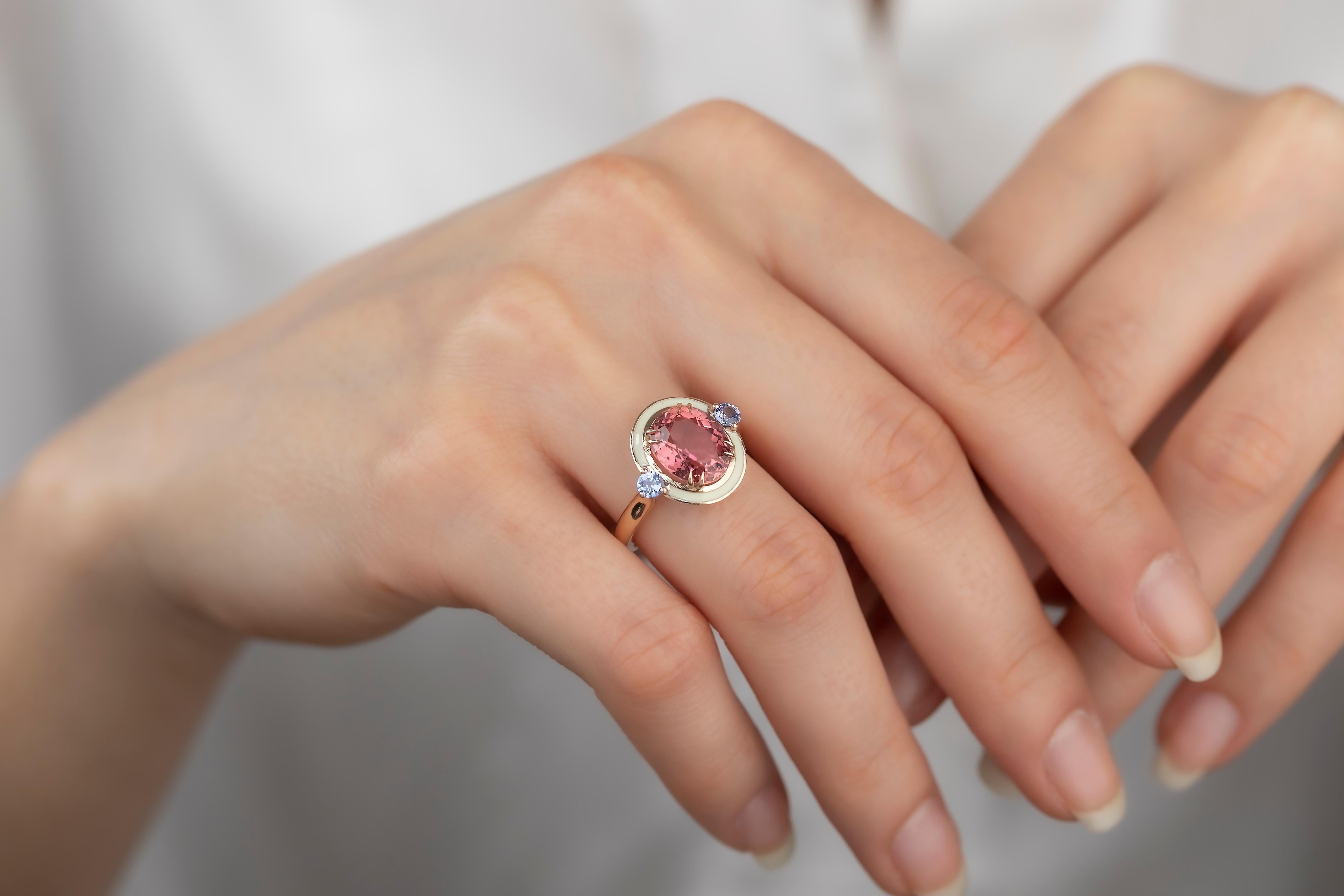 For Sale:  Art Deco Style 4.60 ct Tourmaline and 0.30 Ceylon Sapphire Ring, 14K Gold Ring 15
