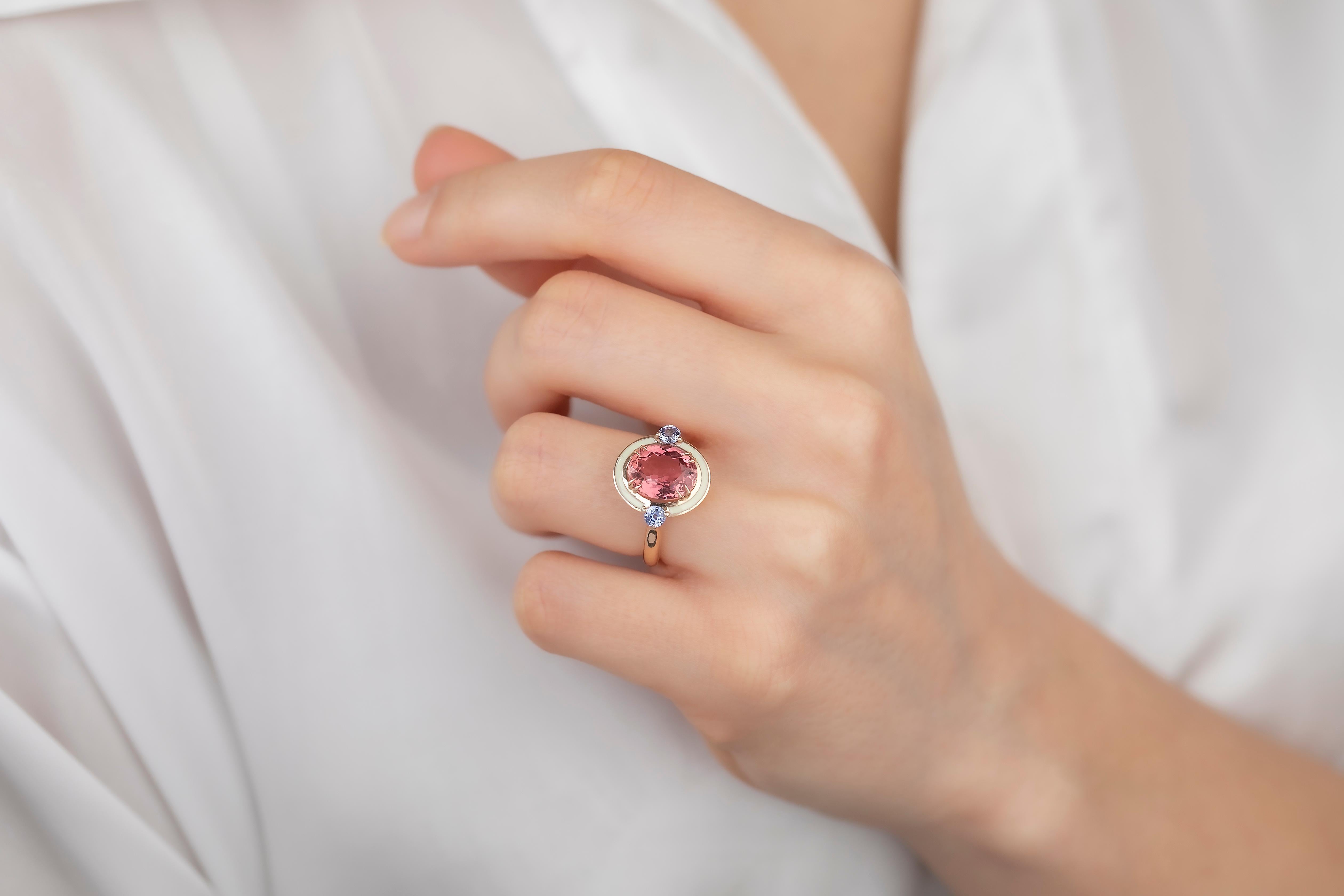 For Sale:  Art Deco Style 4.60 ct Tourmaline and 0.30 Ceylon Sapphire Ring, 14K Gold Ring 16
