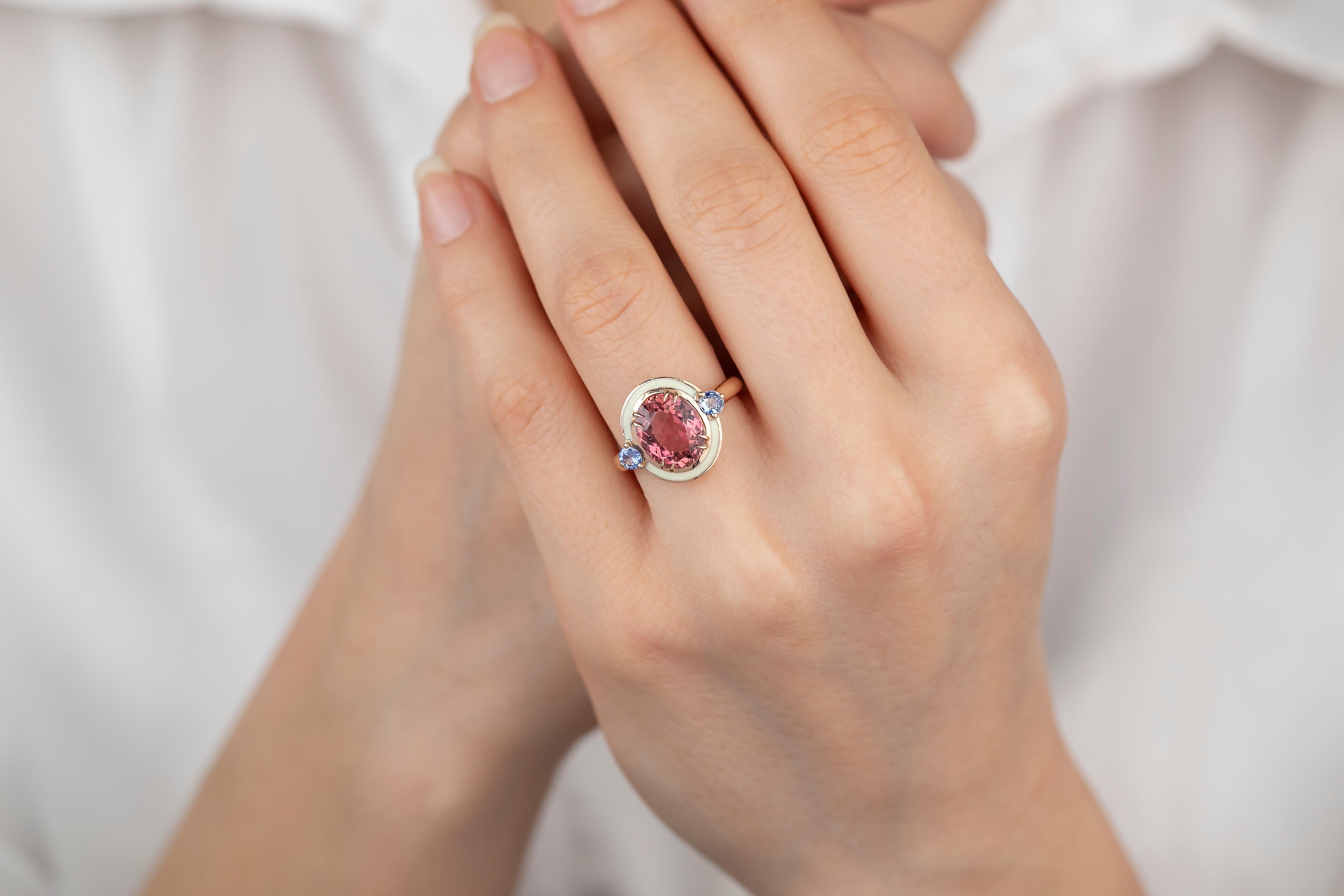 For Sale:  Art Deco Style 4.60 ct Tourmaline and 0.30 Ceylon Sapphire Ring, 14K Gold Ring 17