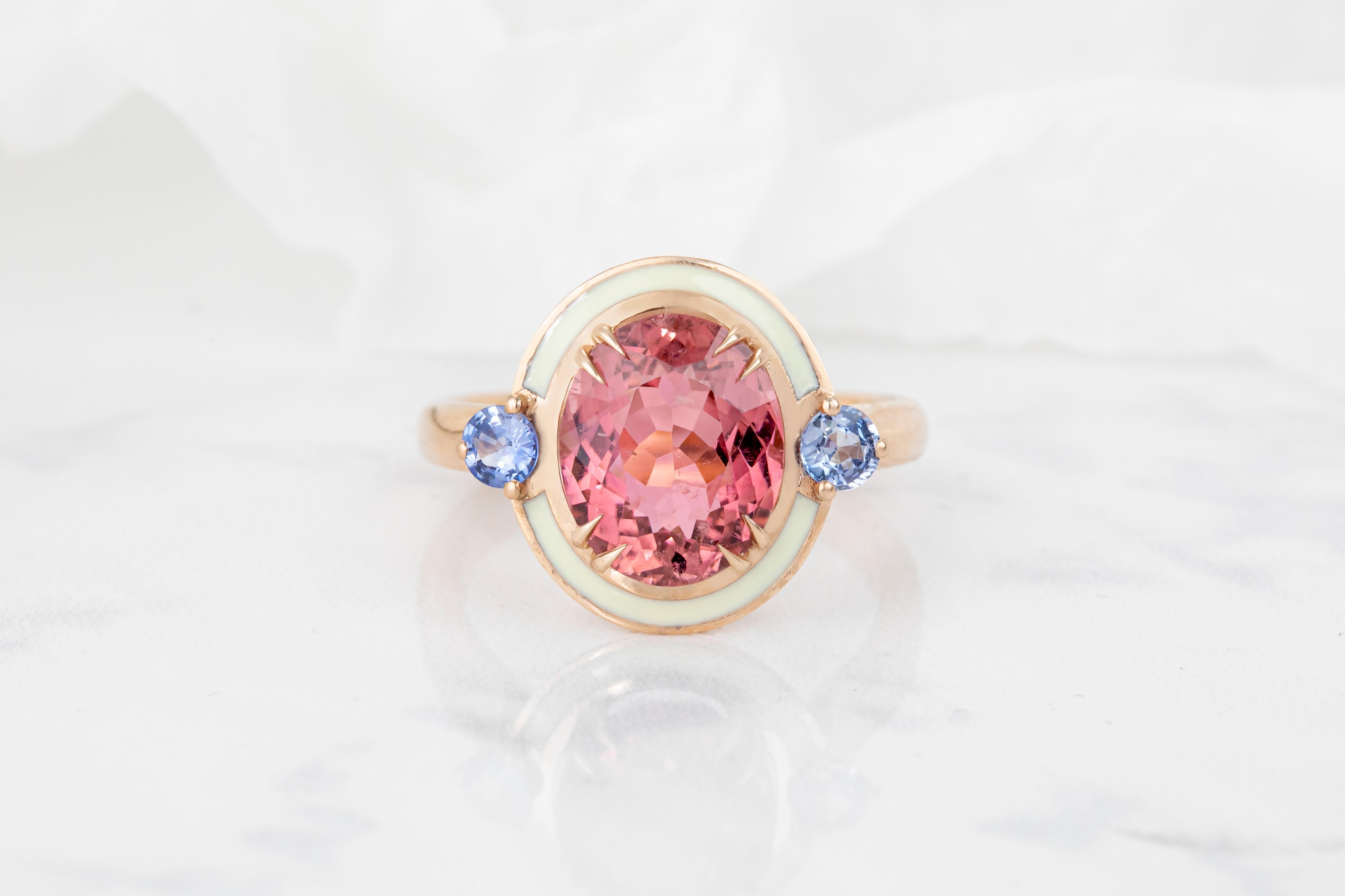 For Sale:  Art Deco Style 4.60 ct Tourmaline and 0.30 Ceylon Sapphire Ring, 14K Gold Ring 2