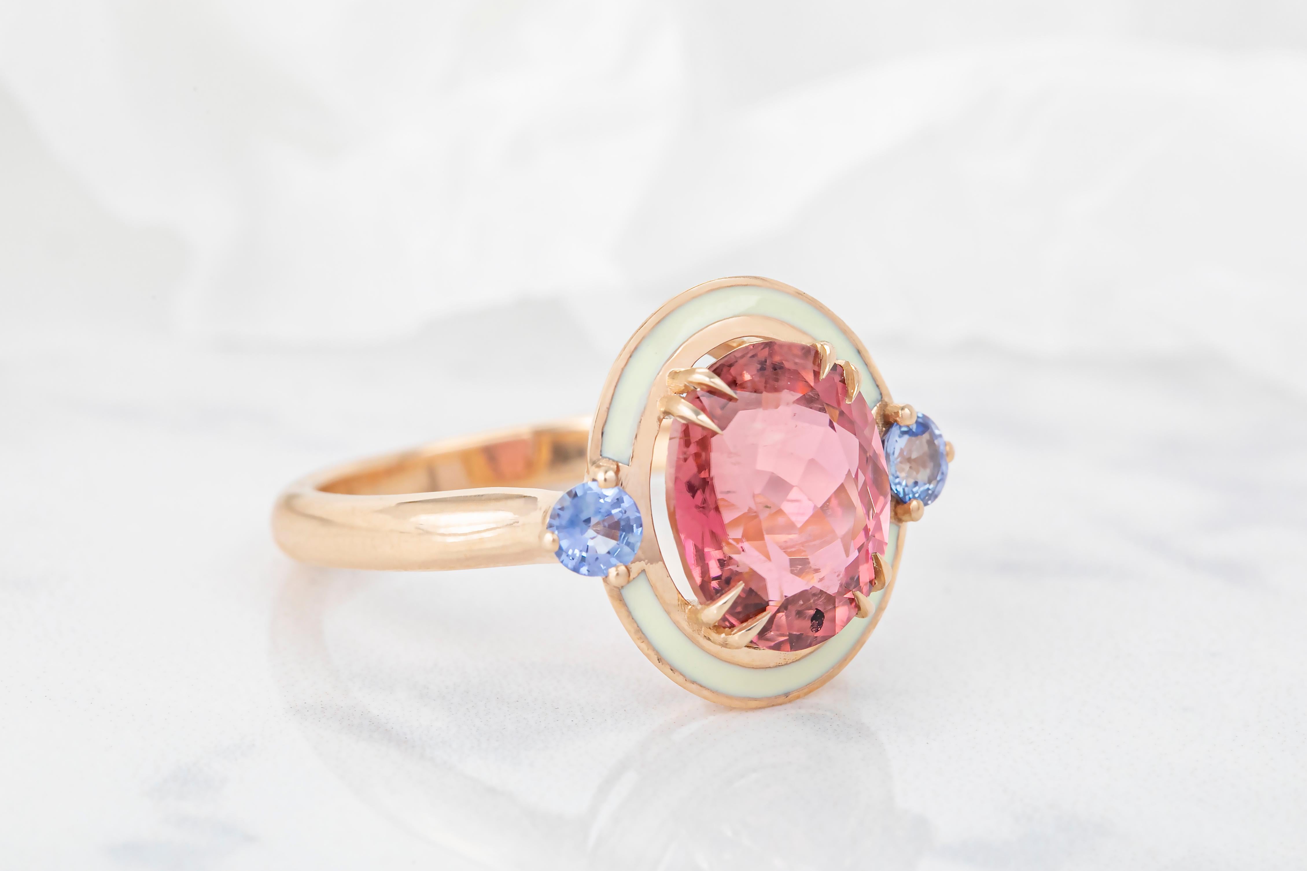 For Sale:  Art Deco Style 4.60 ct Tourmaline and 0.30 Ceylon Sapphire Ring, 14K Gold Ring 3