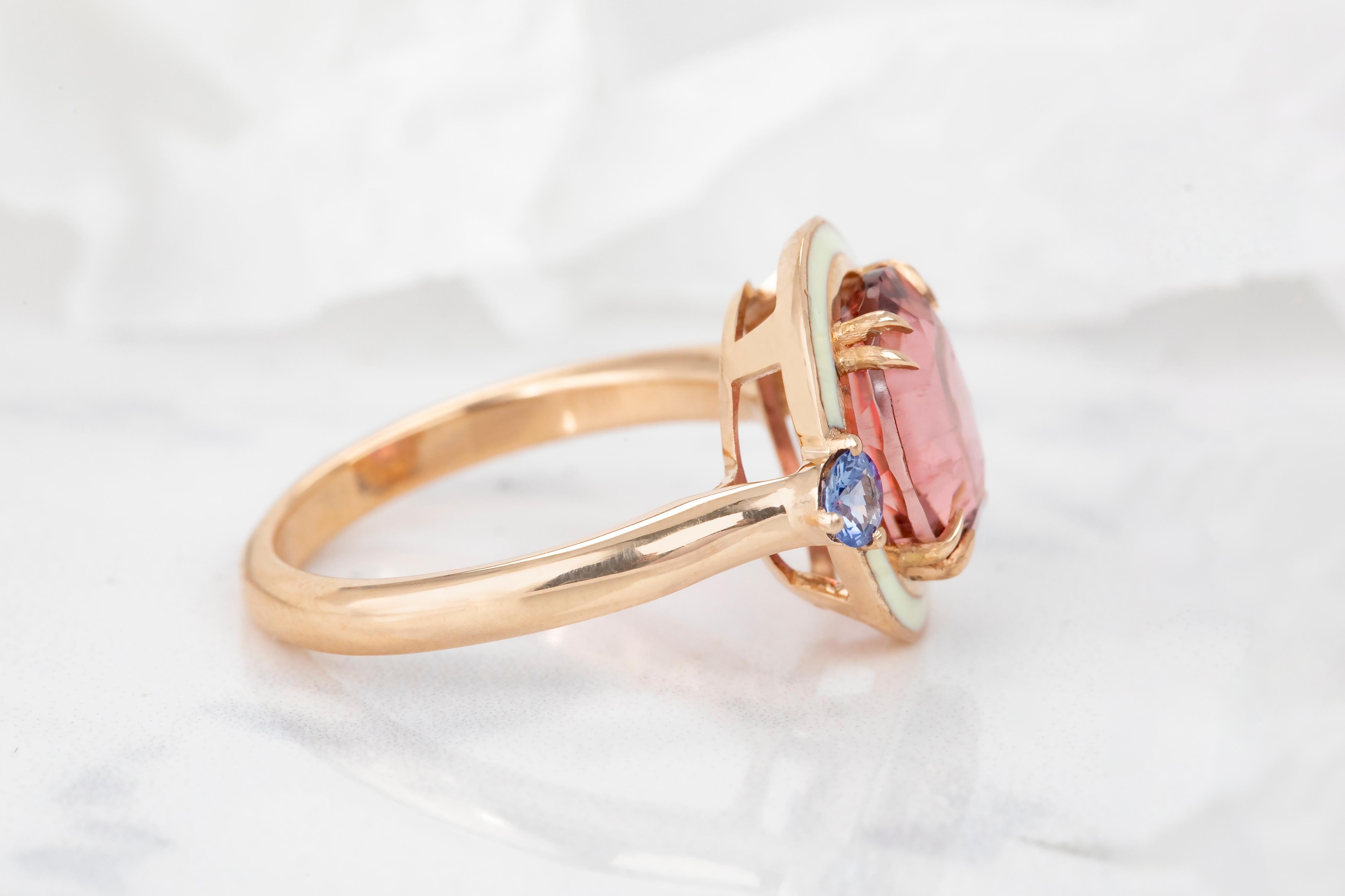 For Sale:  Art Deco Style 4.60 ct Tourmaline and 0.30 Ceylon Sapphire Ring, 14K Gold Ring 4