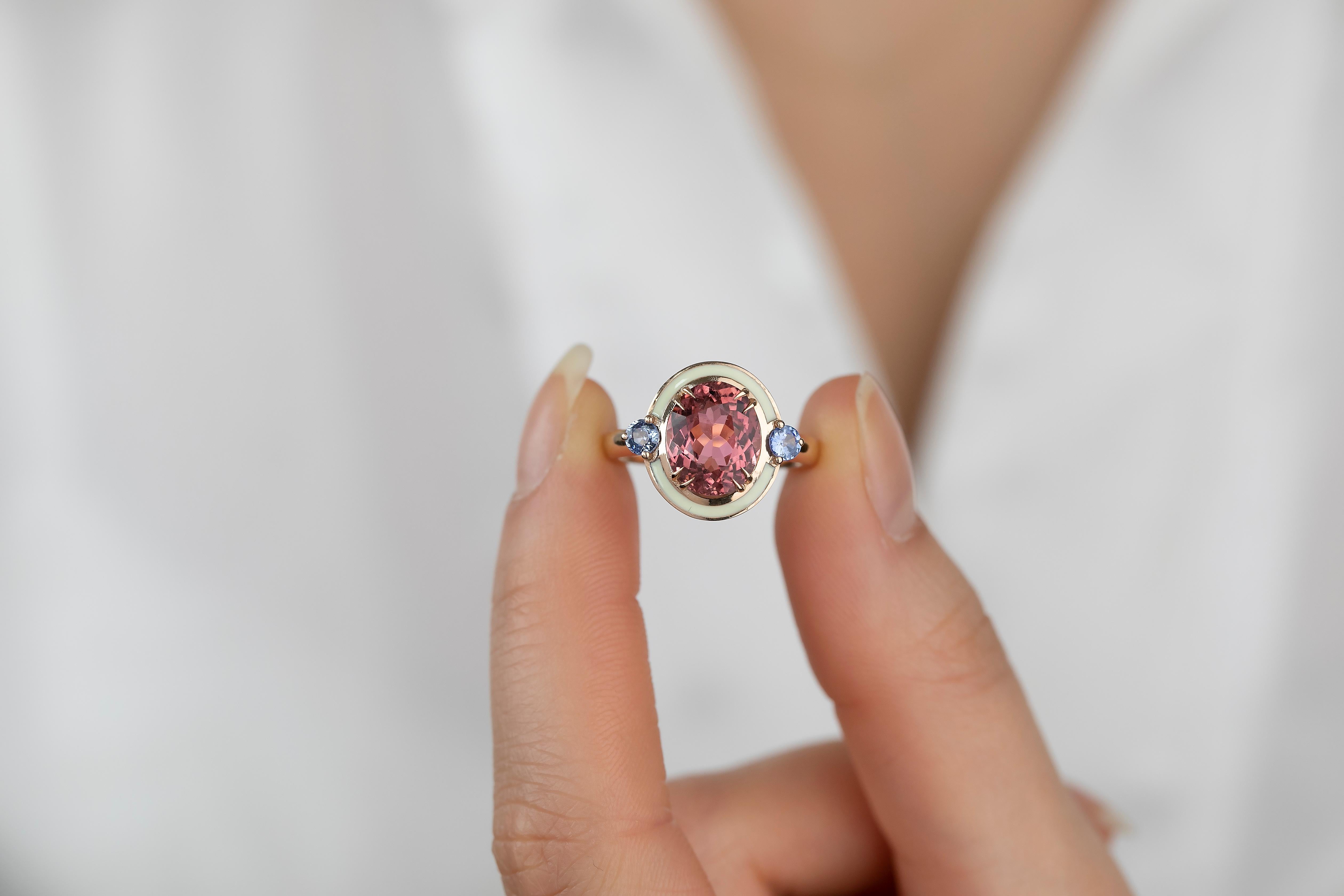 For Sale:  Art Deco Style 4.60 ct Tourmaline and 0.30 Ceylon Sapphire Ring, 14K Gold Ring 9