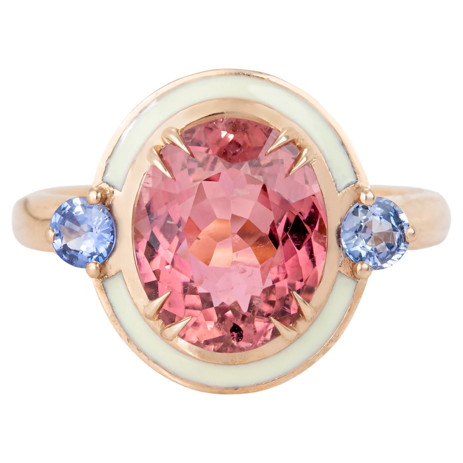 Art Deco Style 4.60 ct Tourmaline and 0.30 Ceylon Sapphire Ring, 14K Gold Ring