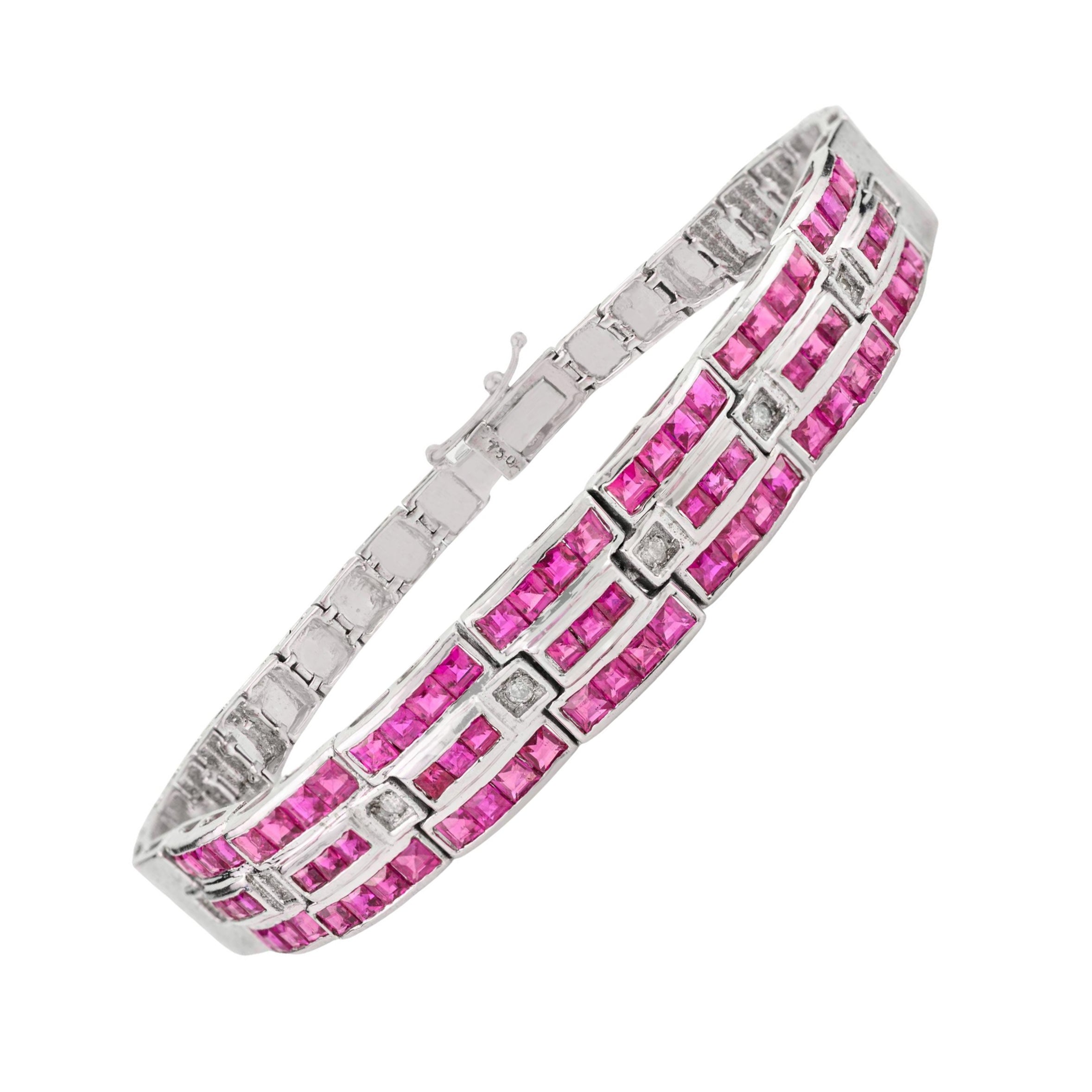Art Deco Style 4.8Ct Wide Ruby 
Diamond Tennis Bracelet in 14K White Gold