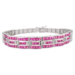 Art Deco Style 4.8Ct Wide Ruby 
Diamond Tennis Bracelet in 18K White Gold