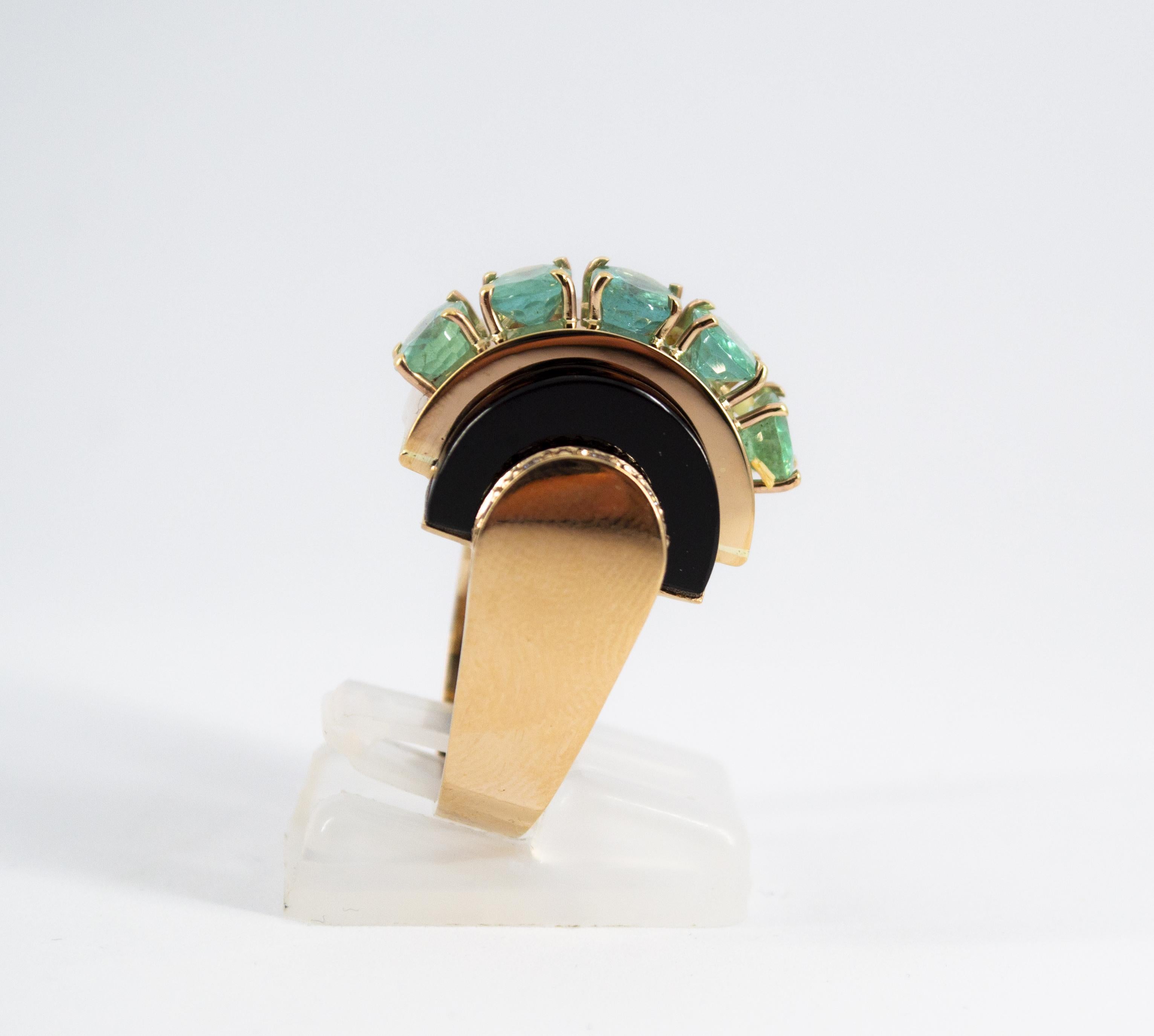 Art Deco Style 5.15 Carat White Diamond Emerald Onyx Yellow Gold Cocktail Ring For Sale 1