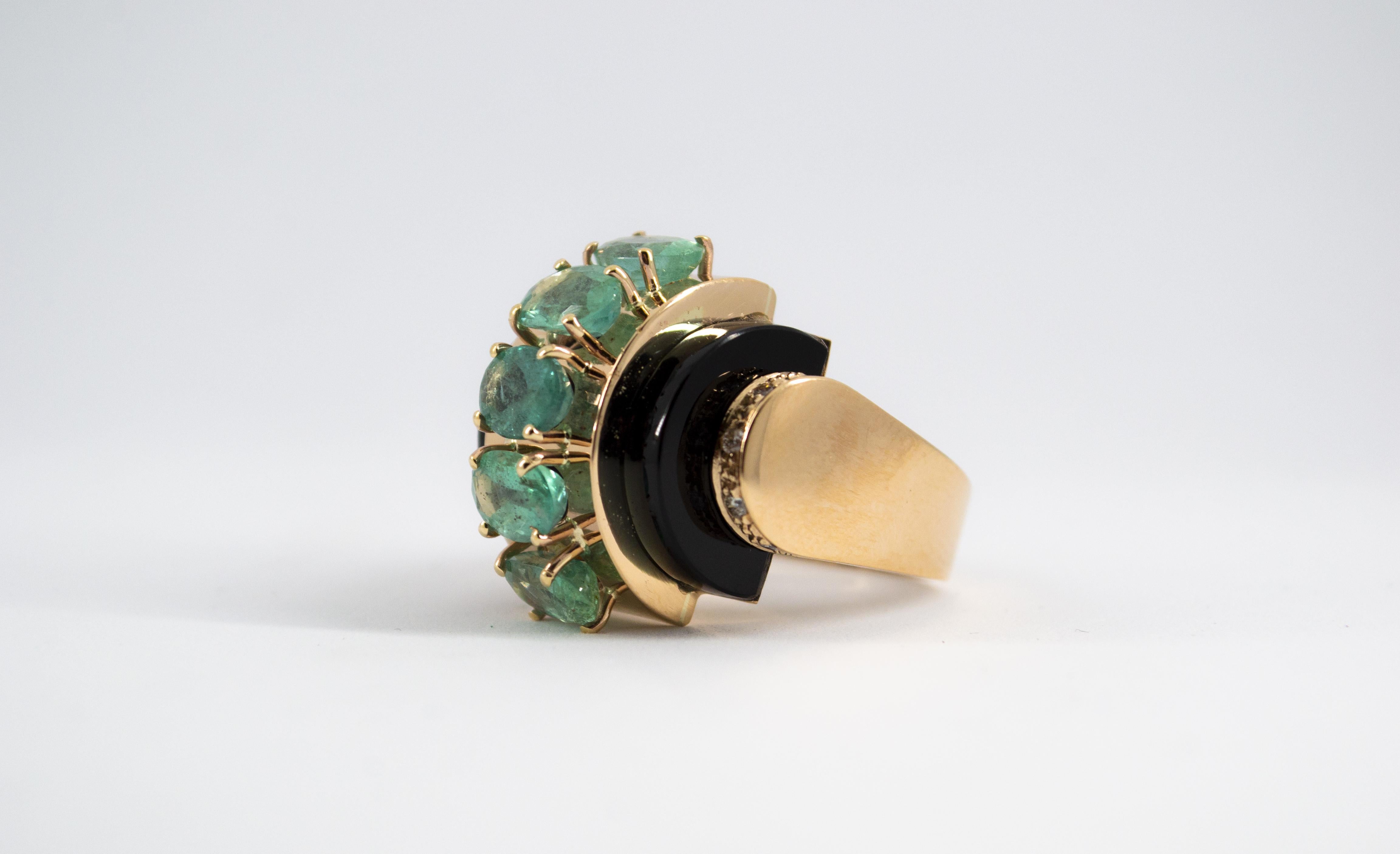 Art Deco Style 5.15 Carat White Diamond Emerald Onyx Yellow Gold Cocktail Ring 4