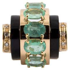 Art Deco Style 5.15 Carat White Diamond Emerald Onyx Yellow Gold Cocktail Ring