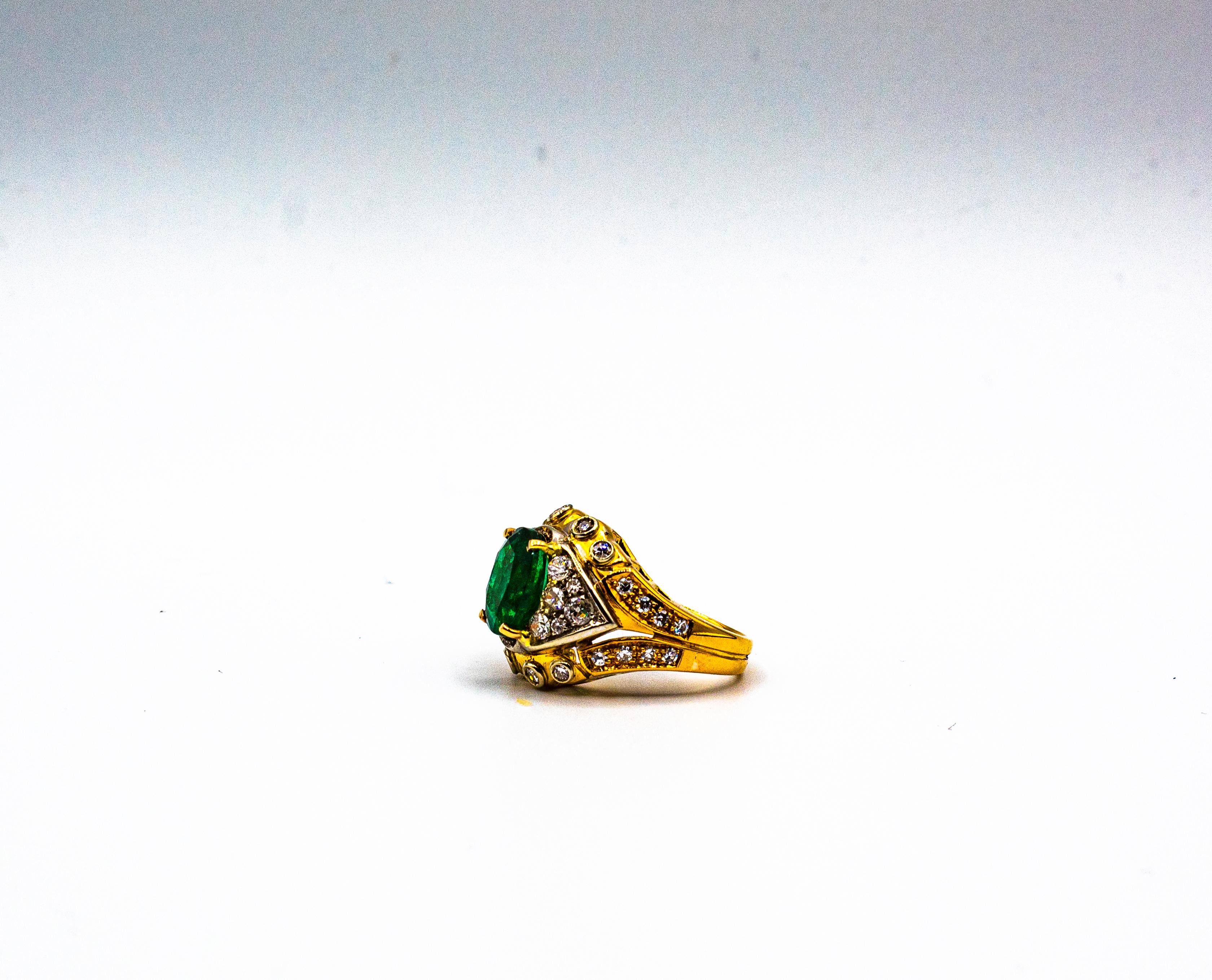 Art Deco Style 5.20 Carat Emerald White Diamond Yellow Gold Cocktail Ring For Sale 6