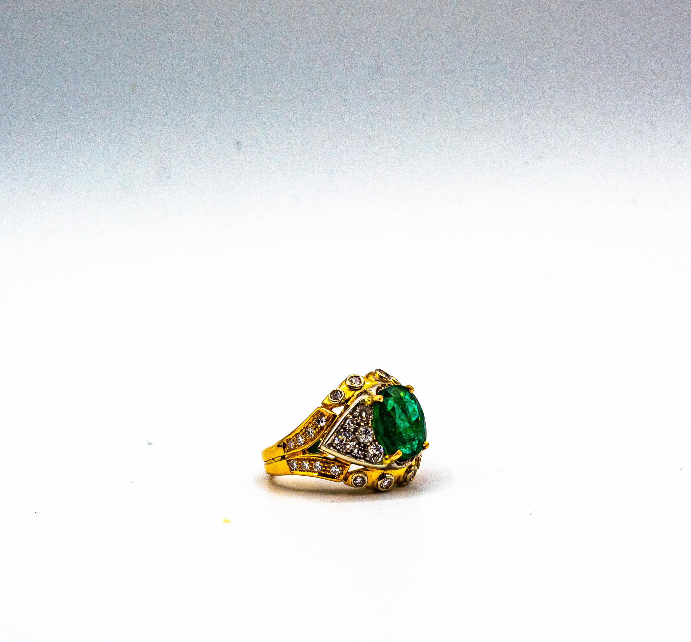 Art Deco Style 5.20 Carat Emerald White Diamond Yellow Gold Cocktail Ring For Sale 8