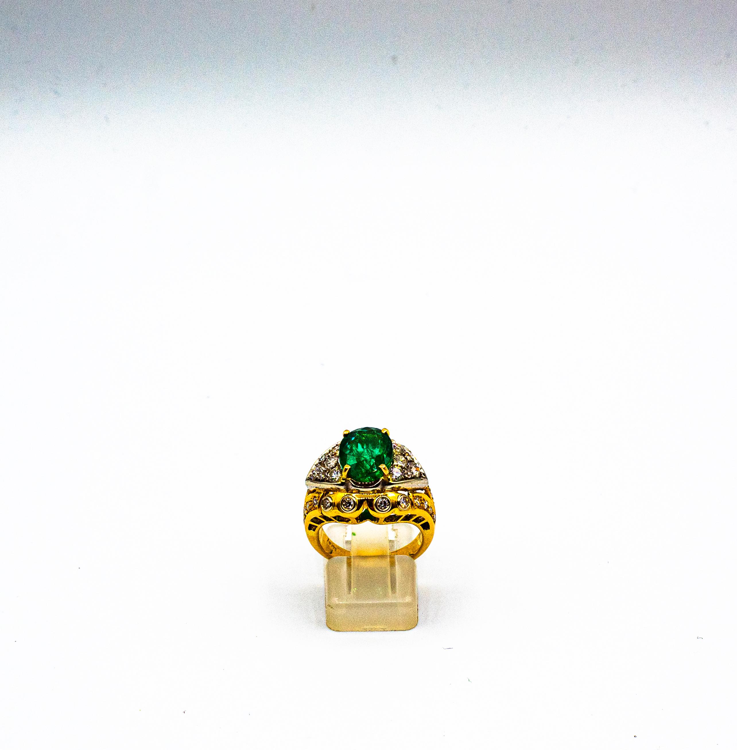 This Ring is made of 18K Yellow Gold White Gold.
This Ring has 1.50 Carats of White Modern Round Cut Diamonds. Color: H-G Clarity: VVS1
This Ring has a 3.70 Carats Natural Zambia Oval Cut Emerald.
This Ring is inspired by Art Deco.

Size ITA: 10.5