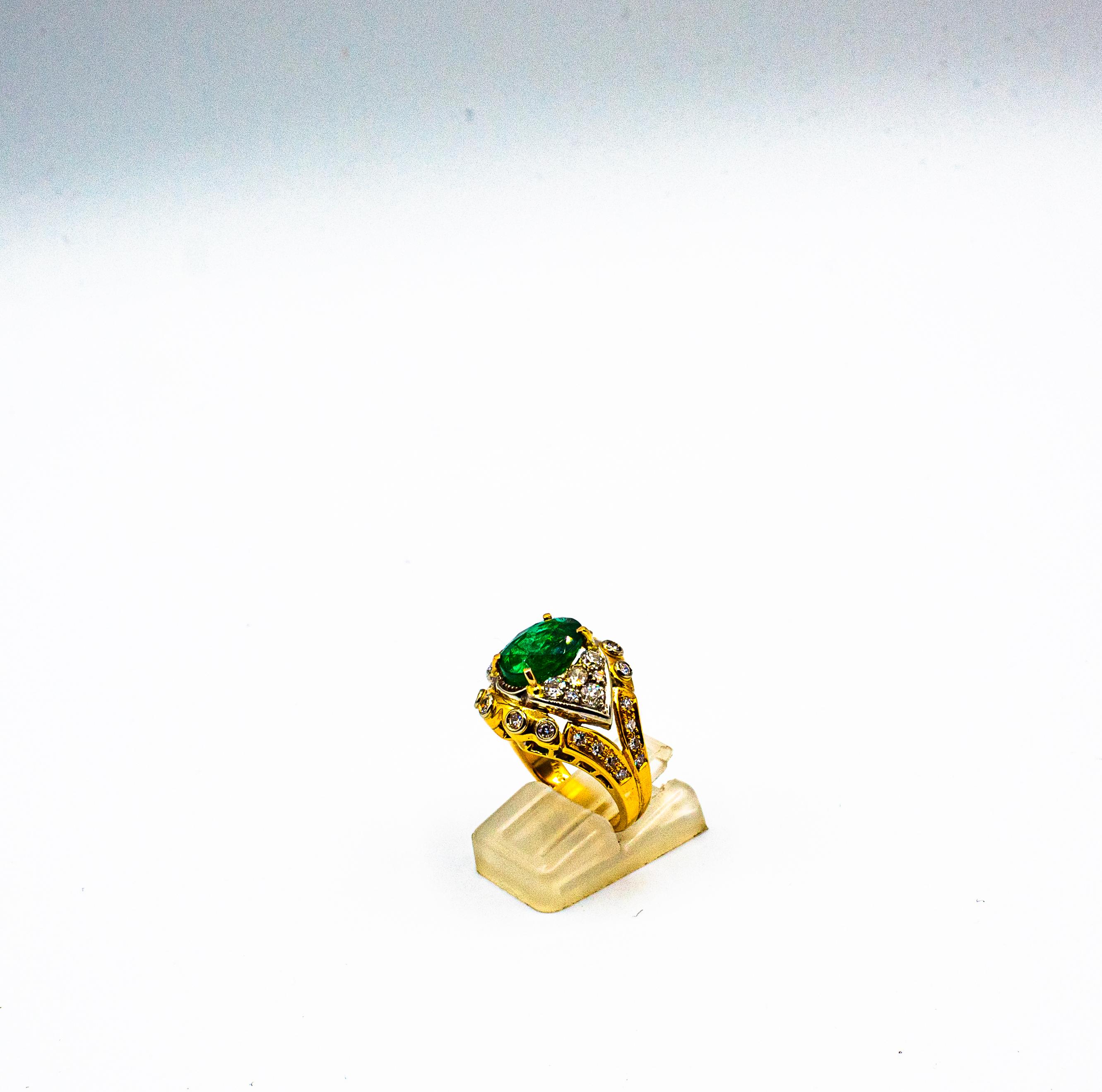 Art Deco Style 5.20 Carat Emerald White Diamond Yellow Gold Cocktail Ring In New Condition For Sale In Naples, IT