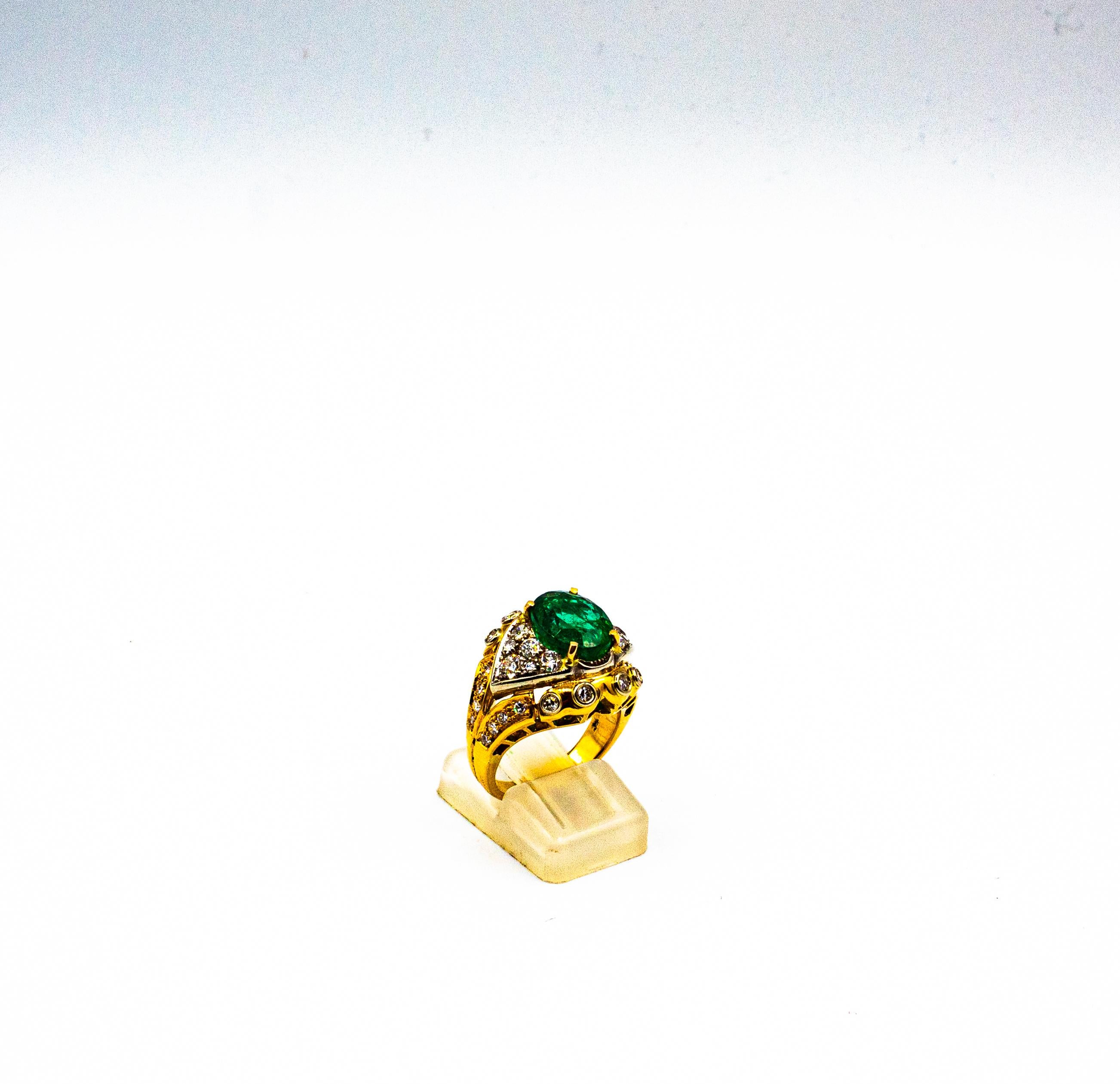 Art Deco Style 5.20 Carat Emerald White Diamond Yellow Gold Cocktail Ring For Sale 1
