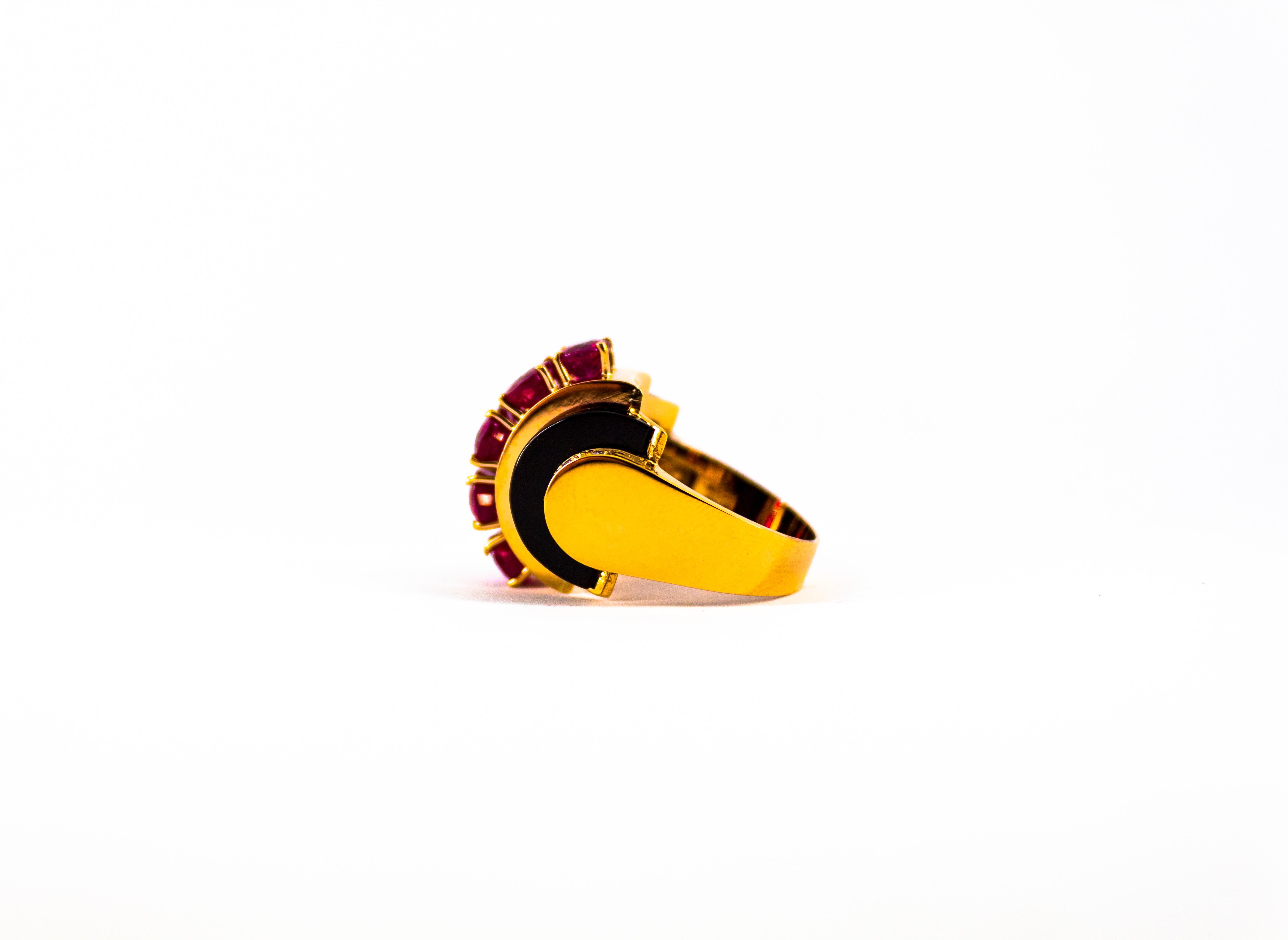 Art Deco Style 5.25 Carat White Diamond Ruby Onyx Yellow Gold Cocktail Ring For Sale 5