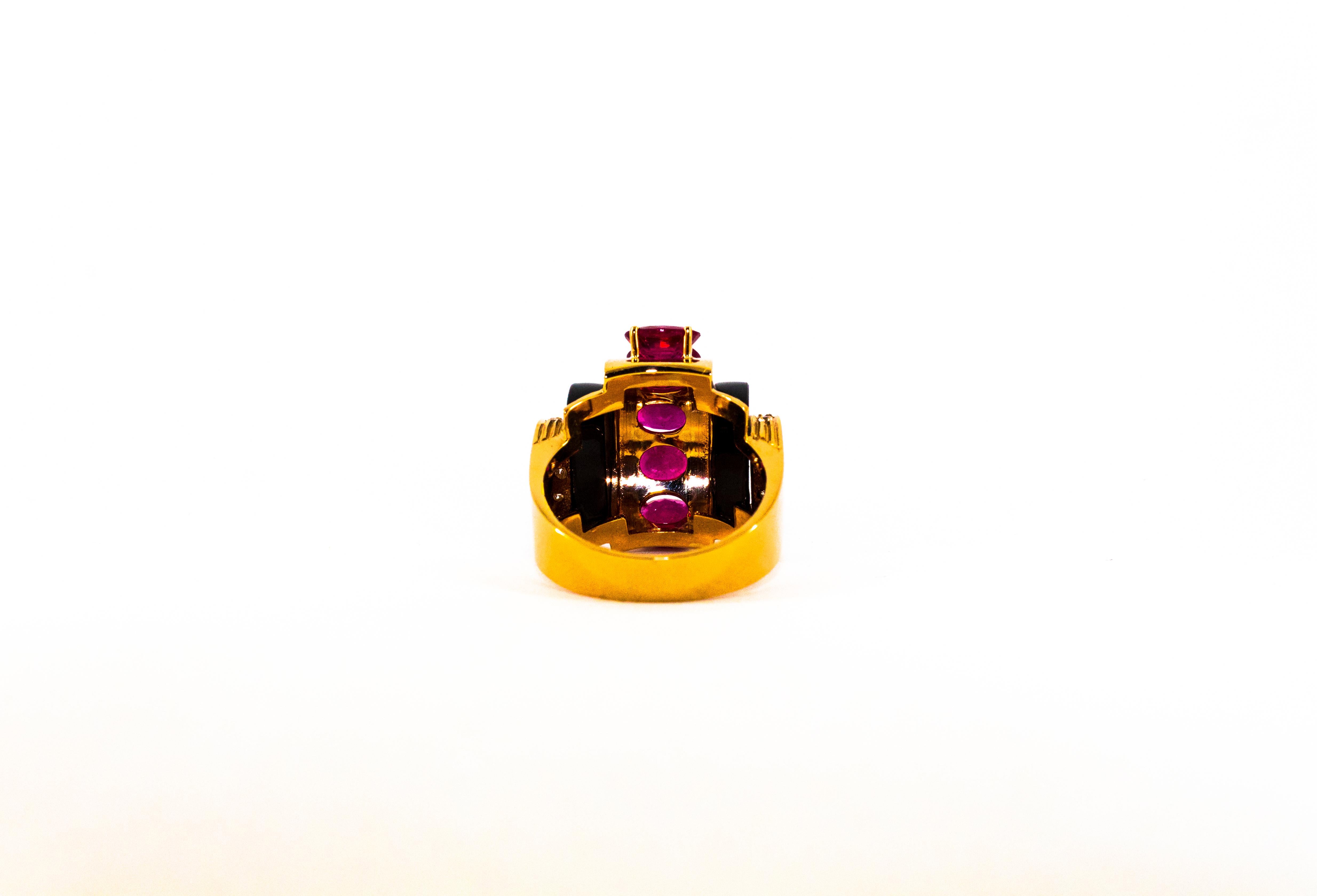 Art Deco Style 5.25 Carat White Diamond Ruby Onyx Yellow Gold Cocktail Ring For Sale 6