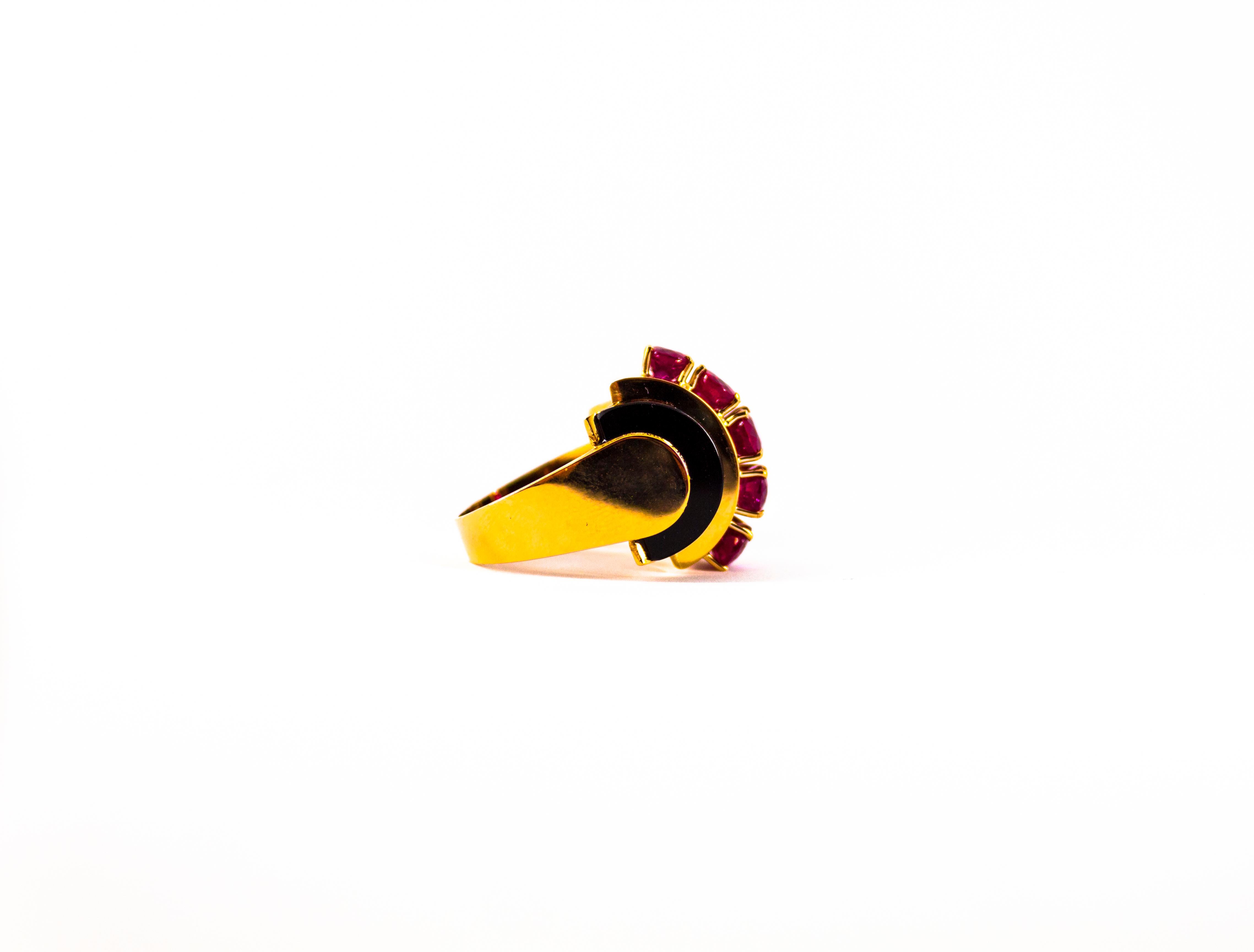 Art Deco Style 5.25 Carat White Diamond Ruby Onyx Yellow Gold Cocktail Ring For Sale 8