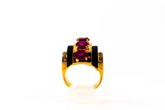 Art Deco Style 5.25 Carat White Diamond Ruby Onyx Yellow Gold Cocktail Ring