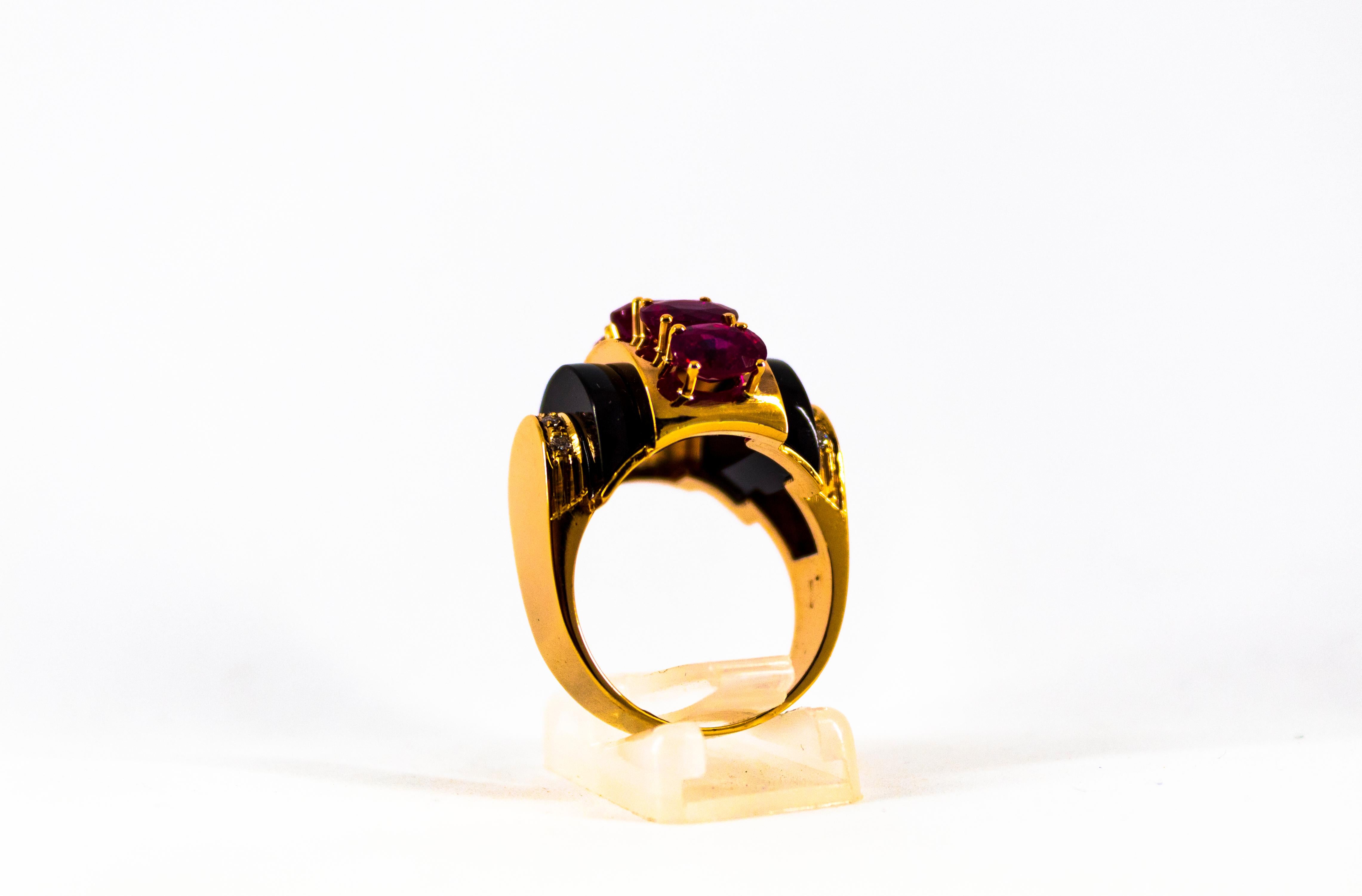 Art Deco Style 5.25 Carat White Diamond Ruby Onyx Yellow Gold Cocktail Ring For Sale 1