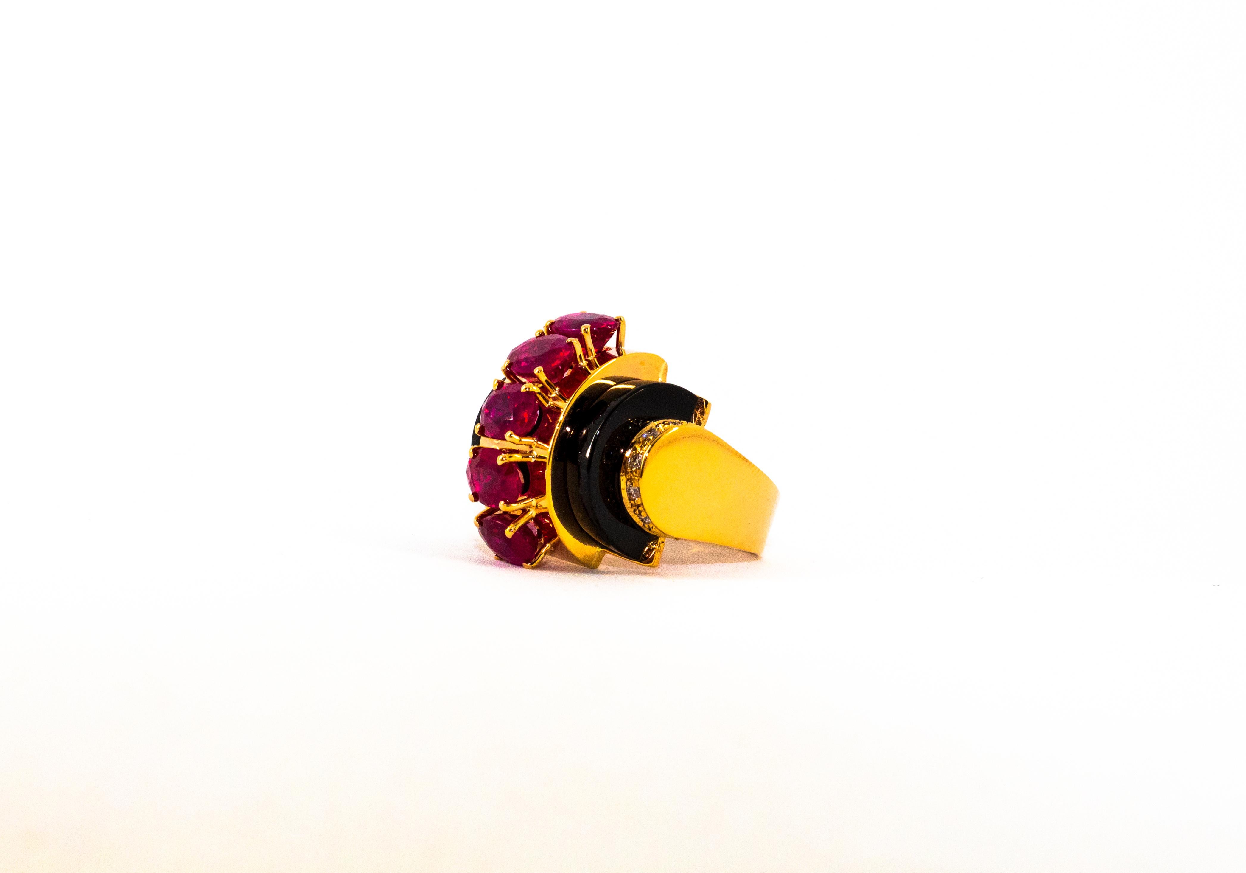 Art Deco Style 5.25 Carat White Diamond Ruby Onyx Yellow Gold Cocktail Ring For Sale 4