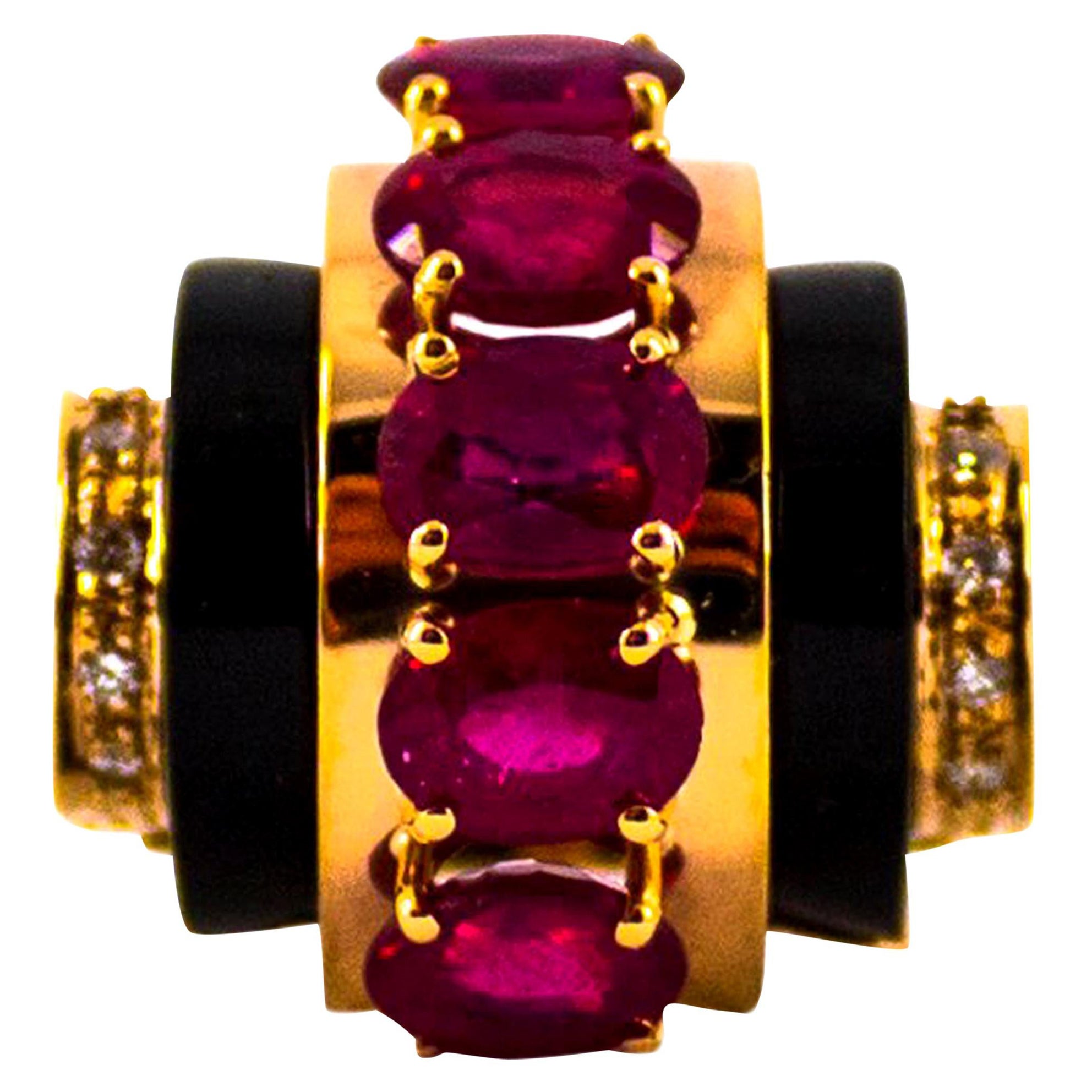 Art Deco Style 5.25 Carat White Diamond Ruby Onyx Yellow Gold Cocktail Ring For Sale