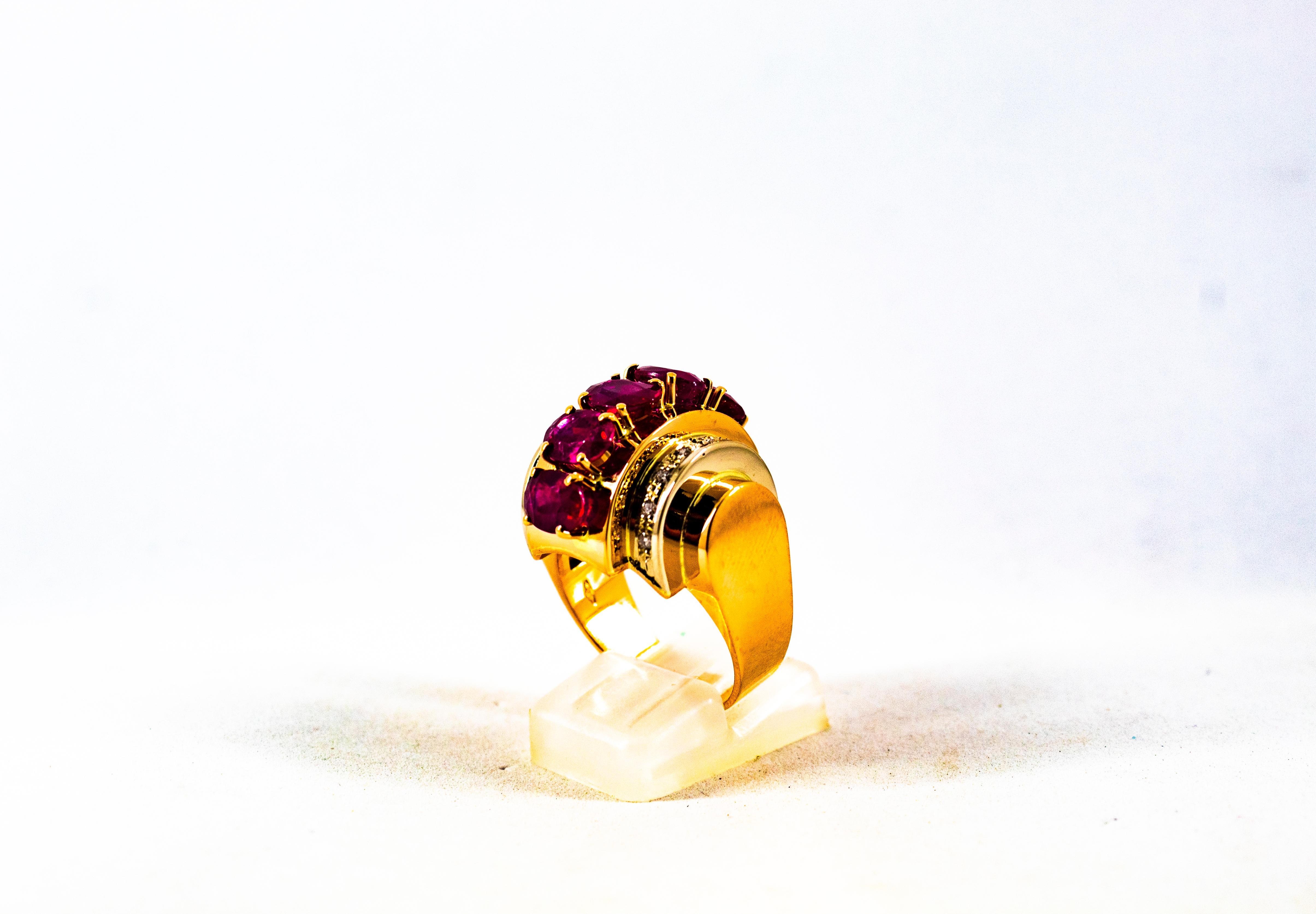 Brilliant Cut Art Deco Style 5.30 Carat White Diamond Oval Cut Ruby Yellow Gold Cocktail Ring