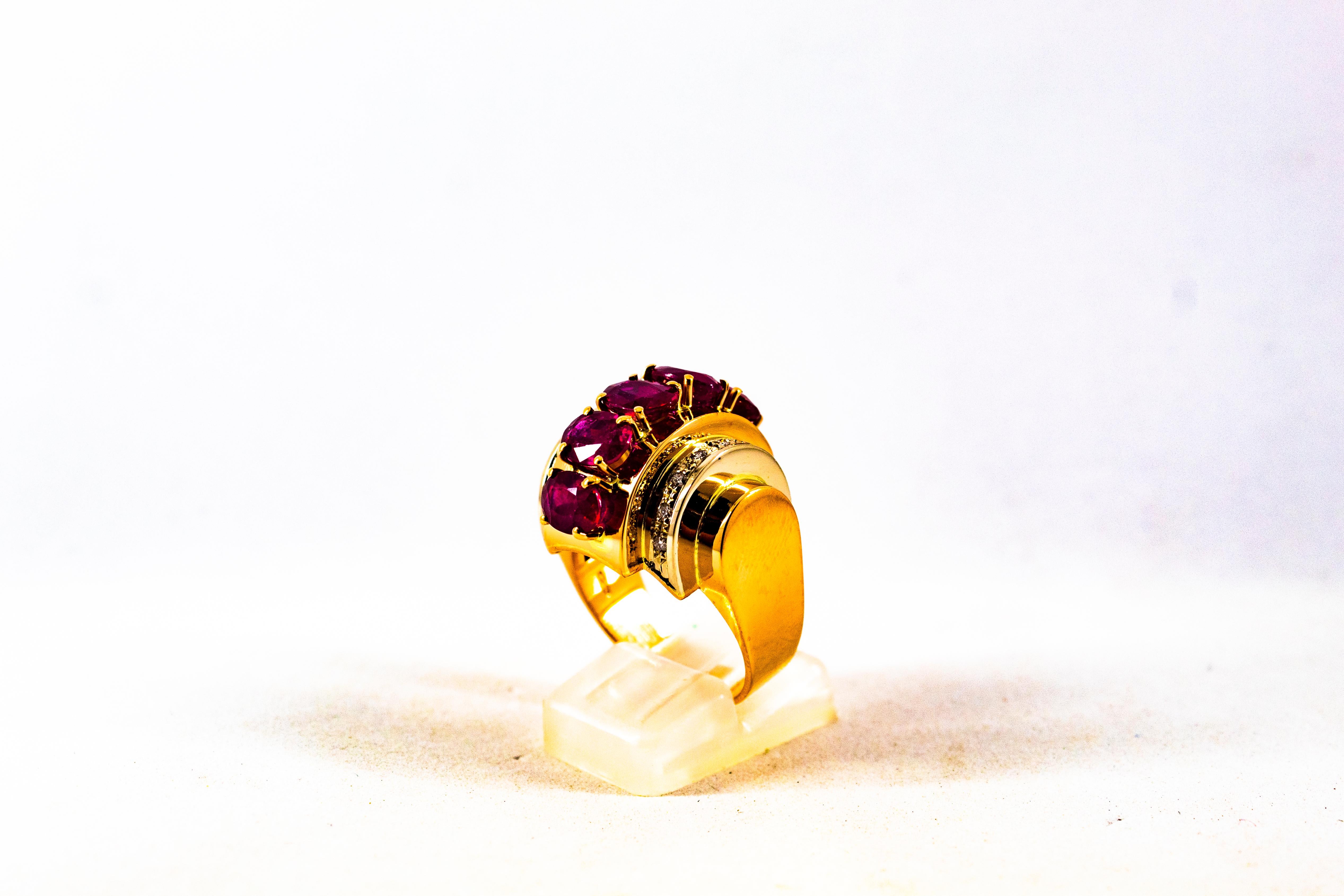 Art Deco Style 5.30 Carat White Diamond Oval Cut Ruby Yellow Gold Cocktail Ring In New Condition In Naples, IT