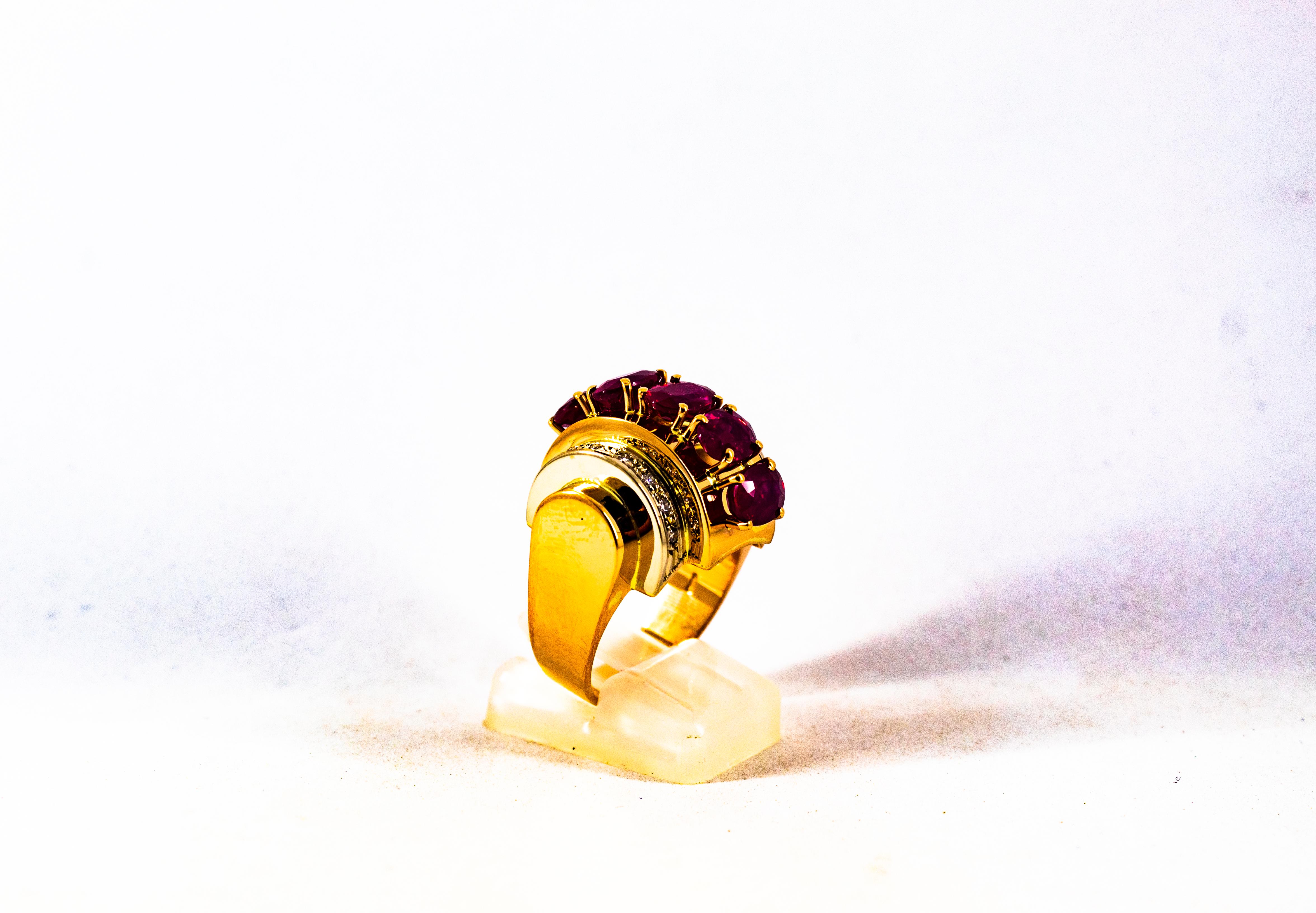 Art Deco Style 5.30 Carat White Diamond Oval Cut Ruby Yellow Gold Cocktail Ring For Sale 3