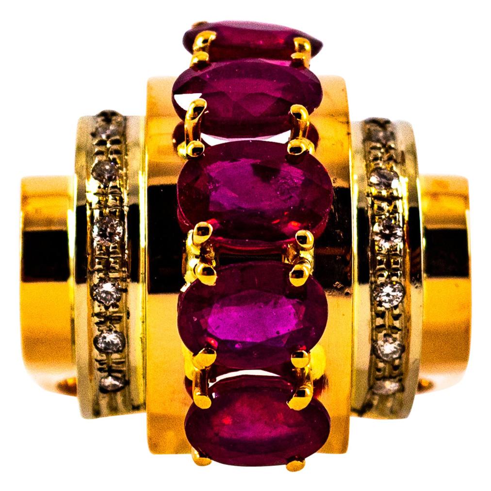 Art Deco Style 5.30 Carat White Diamond Oval Cut Ruby Yellow Gold Cocktail Ring For Sale