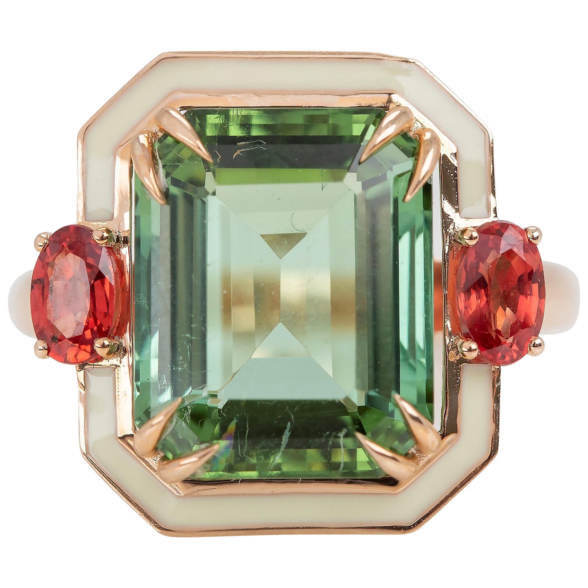 Bague cocktail de style Art déco en or 14 carats avec améthyste verte 5,30 carats et saphirs