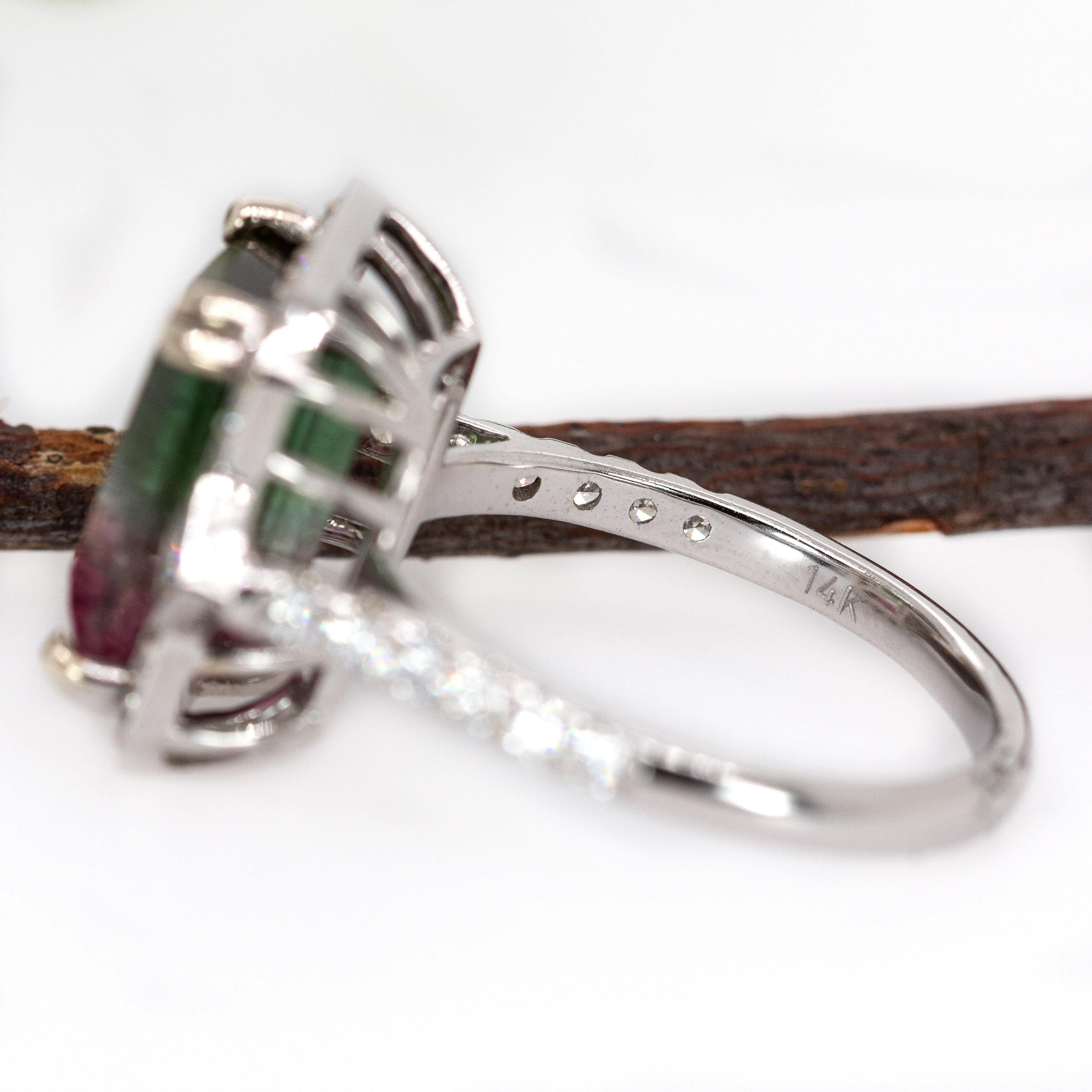 Anello in stile Art Deco con tormalina anguria da 5,37 carati e diamanti naturali in oro 14K in vendita 1