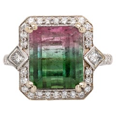 Anello in stile Art Deco con tormalina anguria da 5,37 carati e diamanti naturali in oro 14K
