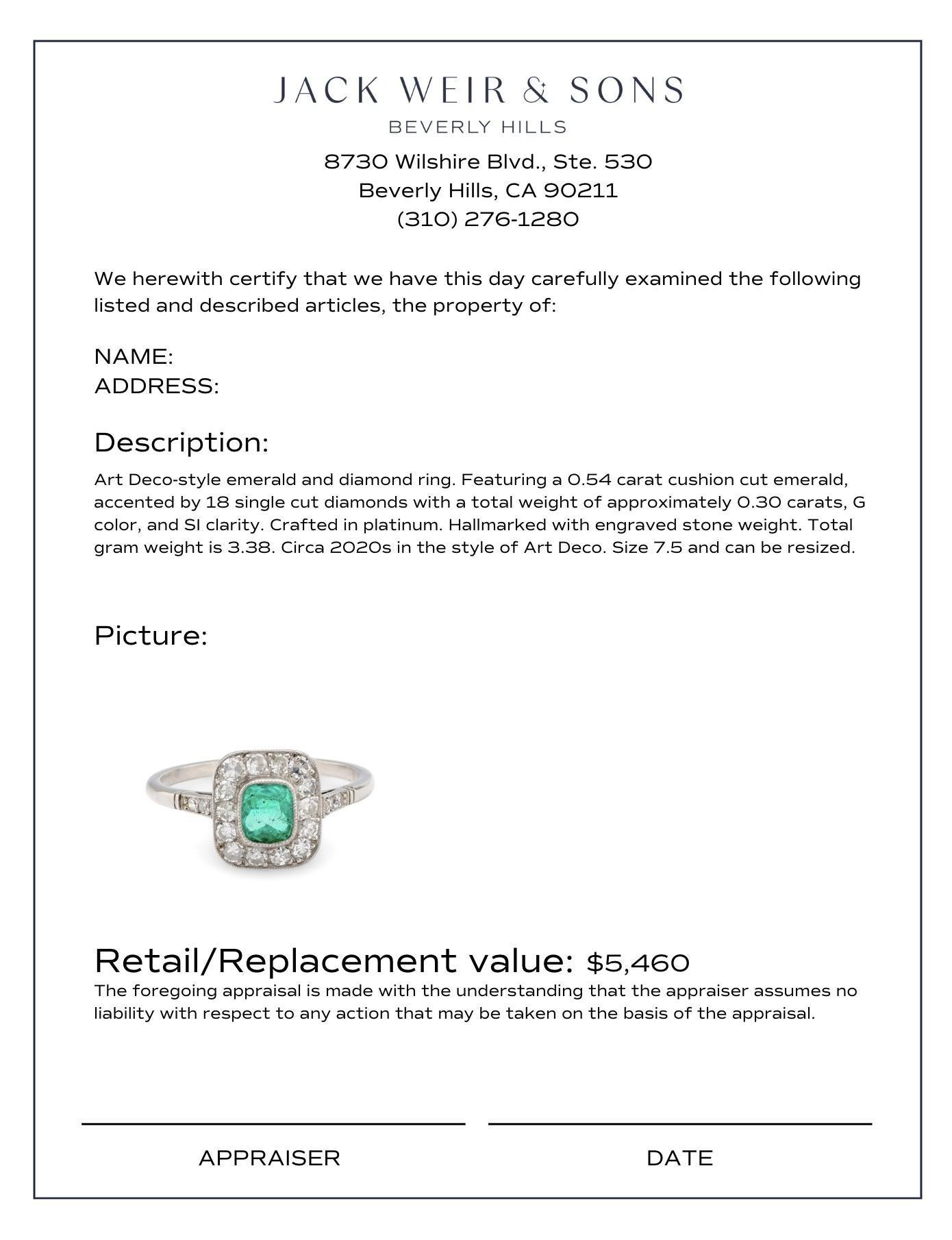 Art Deco Stil .54 Karat Smaragd Diamant Platin Ring im Zustand „Hervorragend“ im Angebot in Beverly Hills, CA