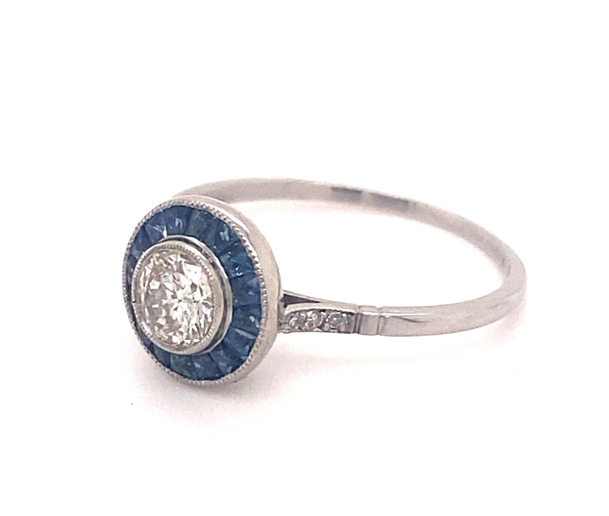 Round Cut Art Deco Style .54 Diamond Sapphire Halo Platinum Ring For Sale
