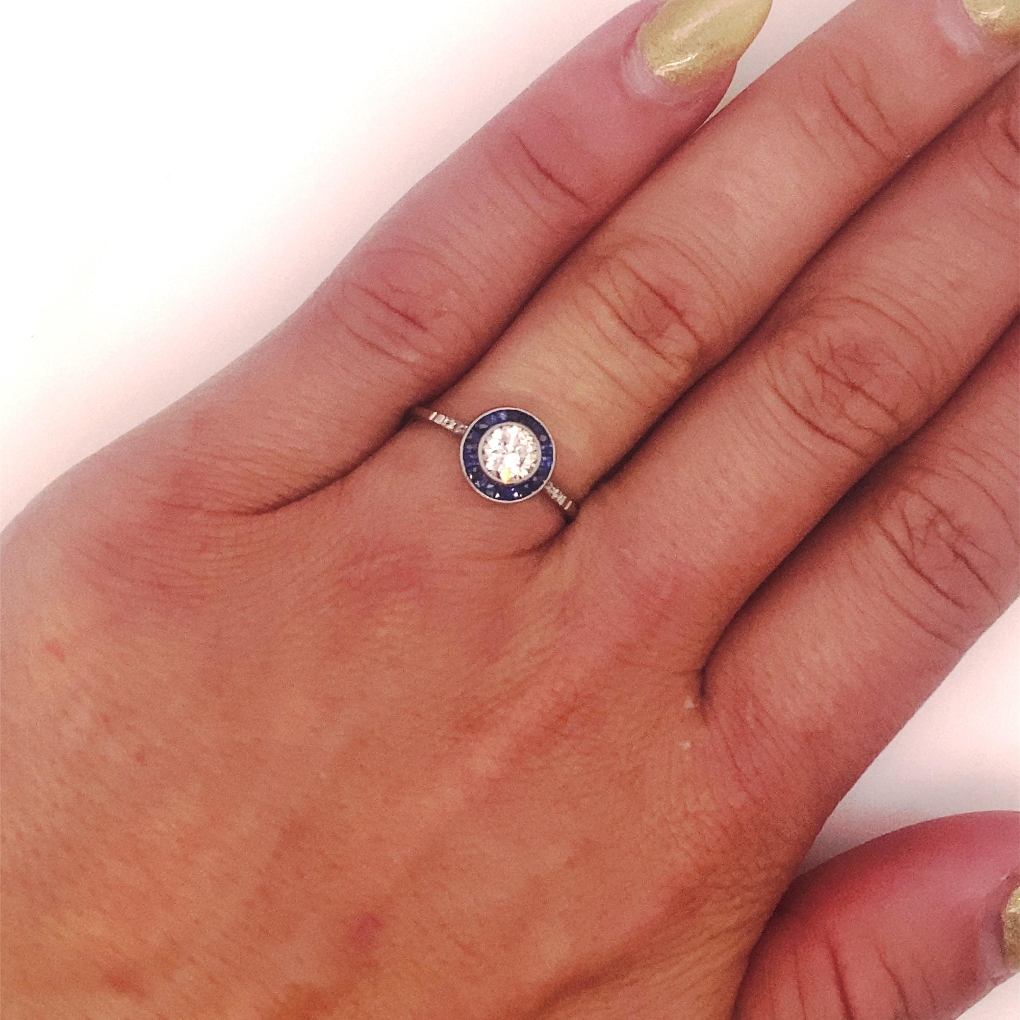 Art Deco Style .54 Diamond Sapphire Halo Platinum Ring For Sale 1