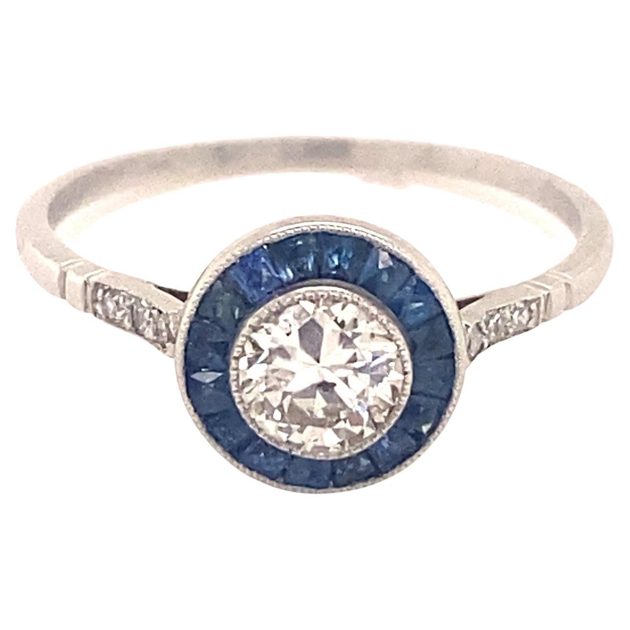 Art Deco Style .54 Diamond Sapphire Halo Platinum Ring For Sale
