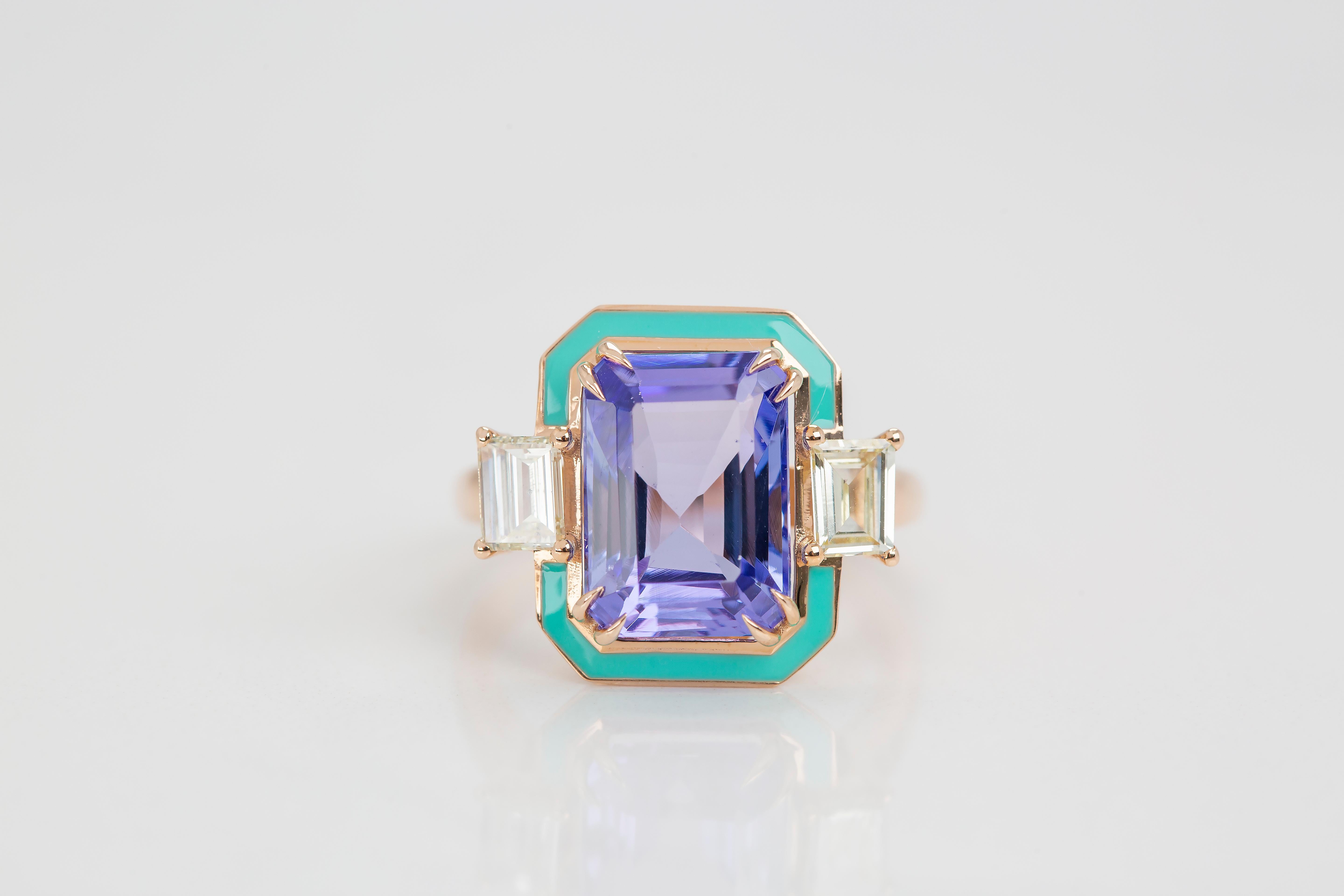 Art Deco Style 5.50 Ct Tanzanite and 0.93 Ct Diamond 14K Gold Cocktail Ring For Sale 2