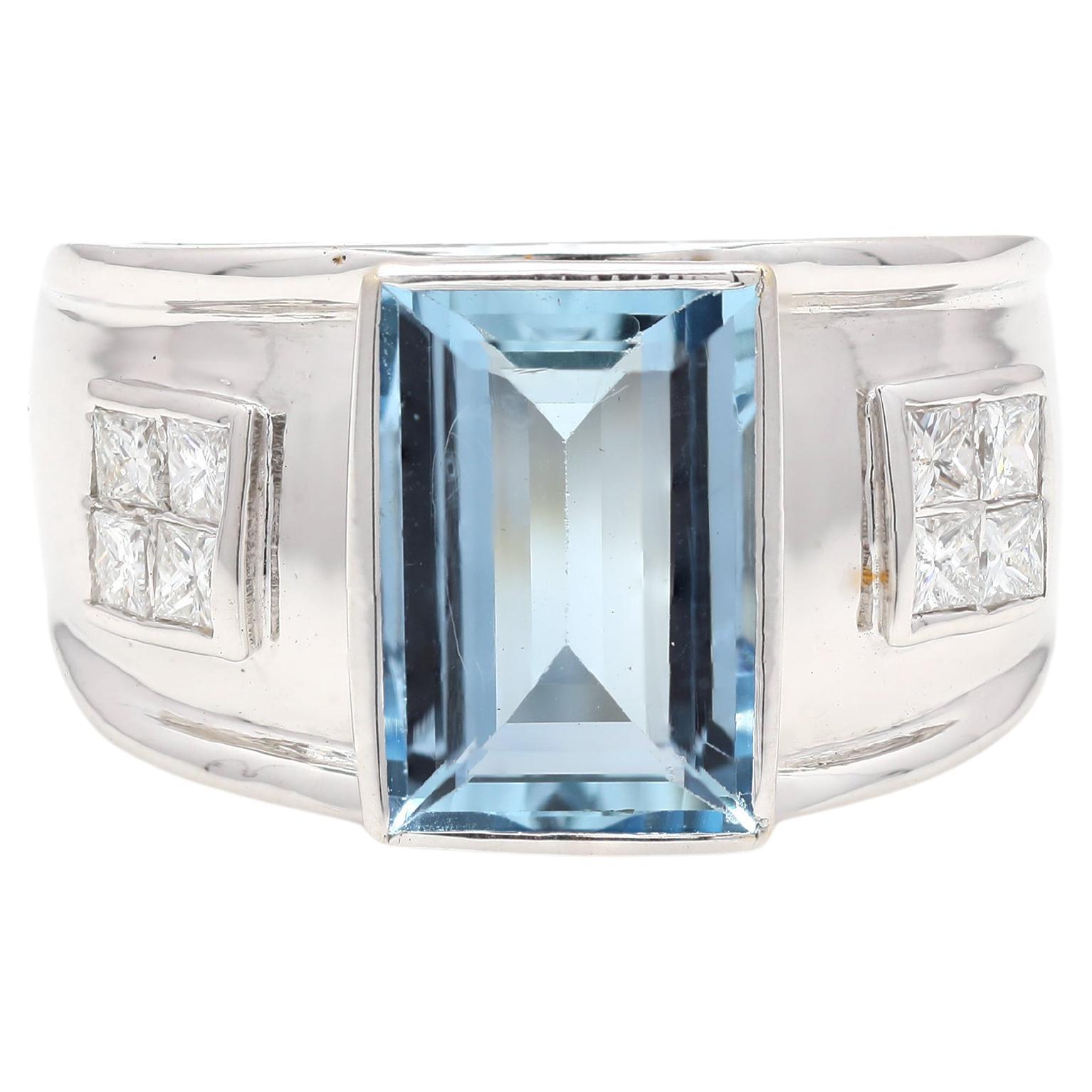 Bague pour homme en or blanc 18 carats avec aigue-marine de 5,6 carats et diamants