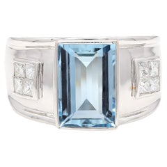 Vintage 5.6 Carat Aquamarine Bold Men's Ring with Diamonds in 18K White Gold