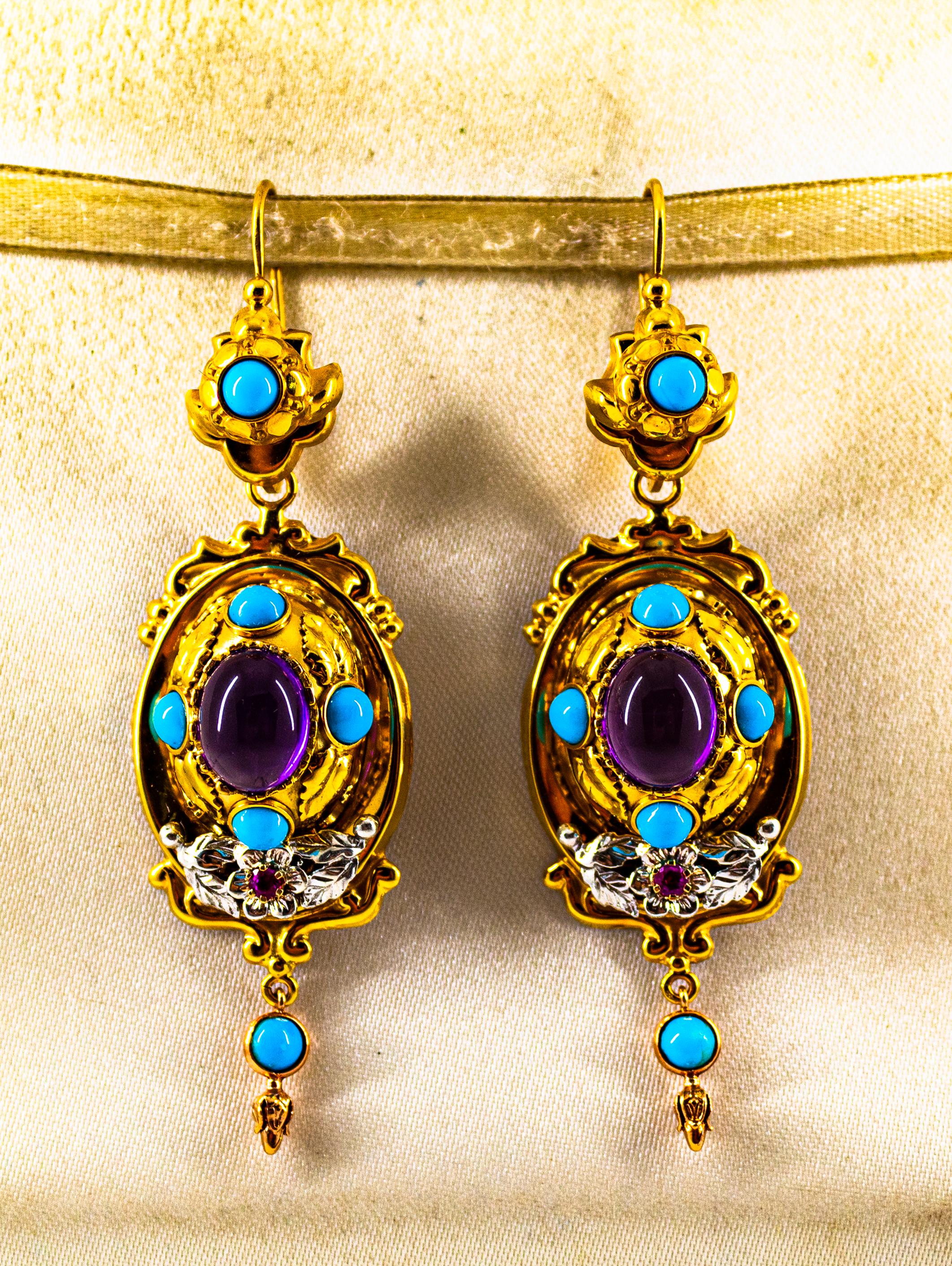 These Earrings are made of 9K Yellow Gold and Sterling Silver.
These Earrings have 0.10 Carats of Rubies.
These Earrings have 5.50 Carats of Cabochon Cut Amethysts.
These Earrings have Natural Turquoise.
These Earrings are inspired by Art Deco.

All