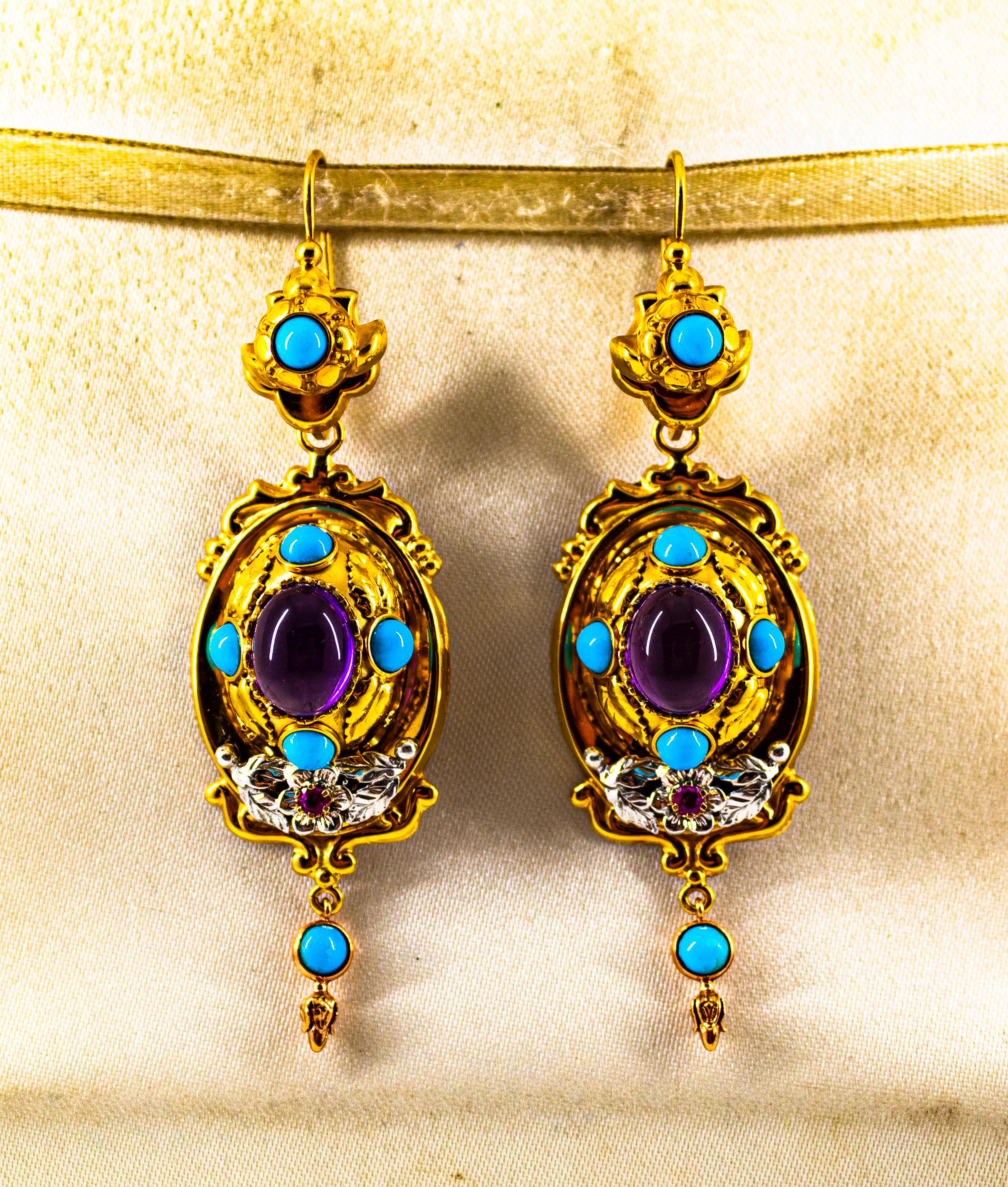 Cabochon Art Deco Style 5.60 Carat Ruby Amethyst Turquoise Yellow Gold Drop Stud Earrings