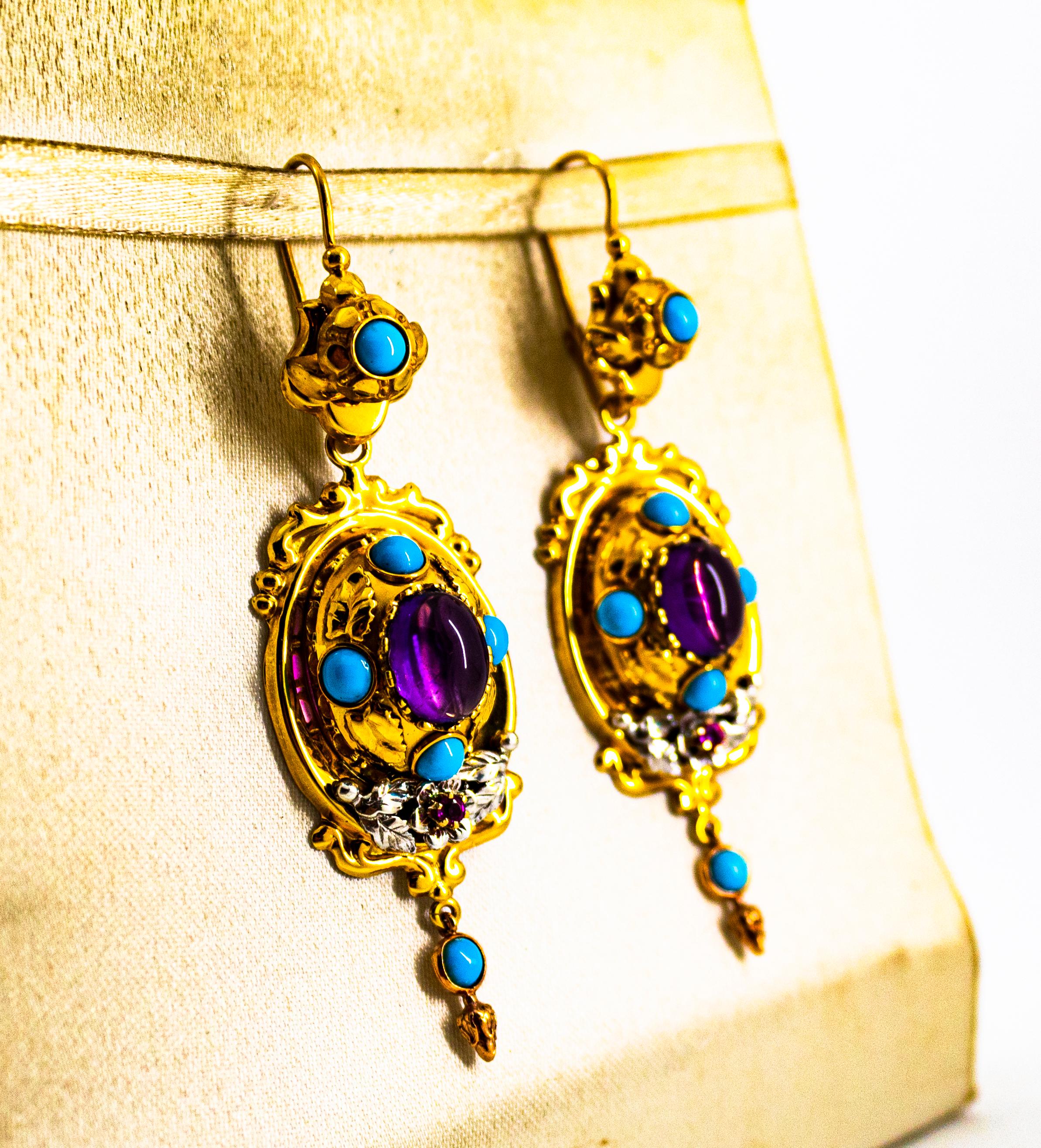 Art Deco Style 5.60 Carat Ruby Amethyst Turquoise Yellow Gold Drop Stud Earrings In New Condition In Naples, IT