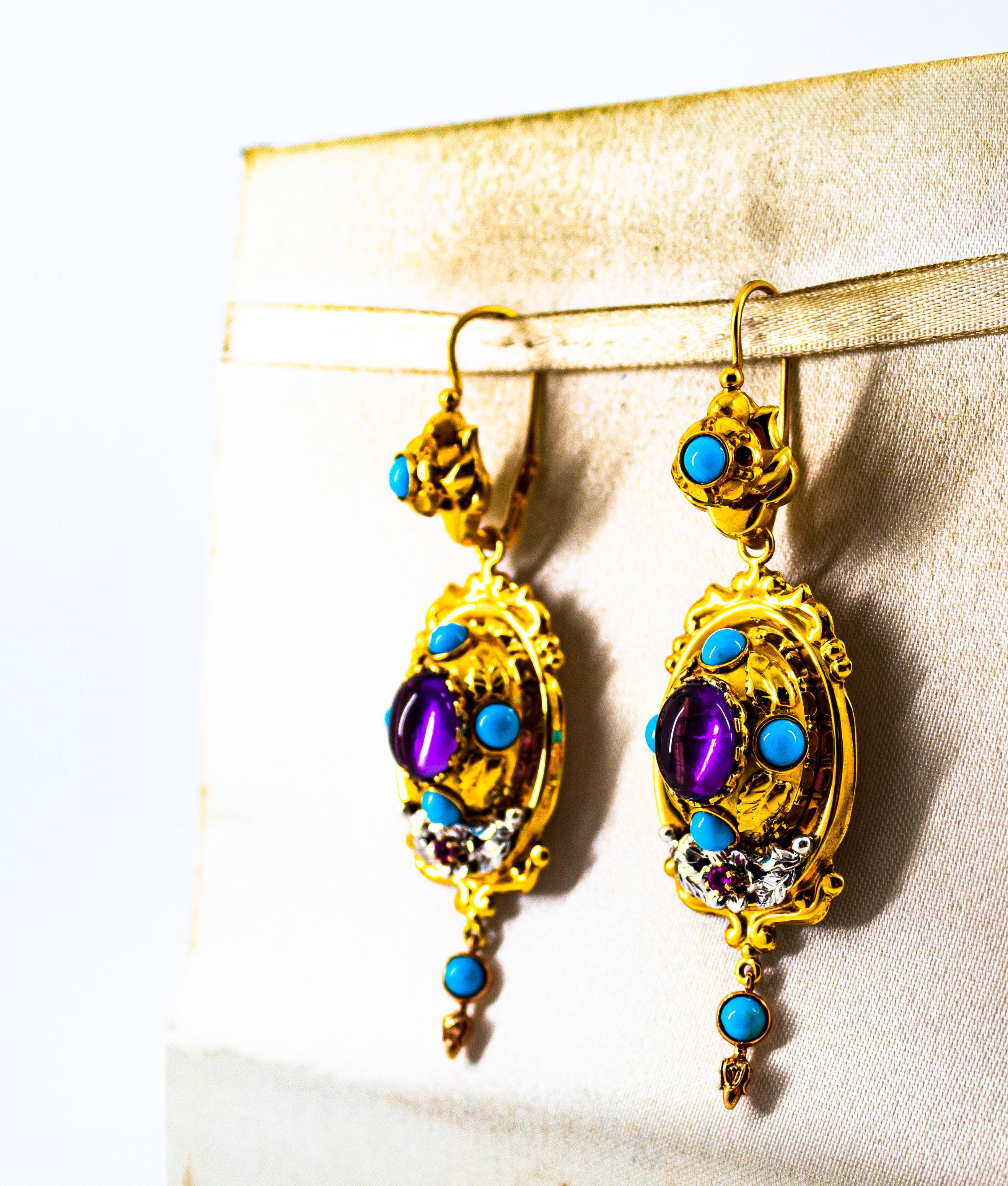 Women's or Men's Art Deco Style 5.60 Carat Ruby Amethyst Turquoise Yellow Gold Drop Stud Earrings For Sale