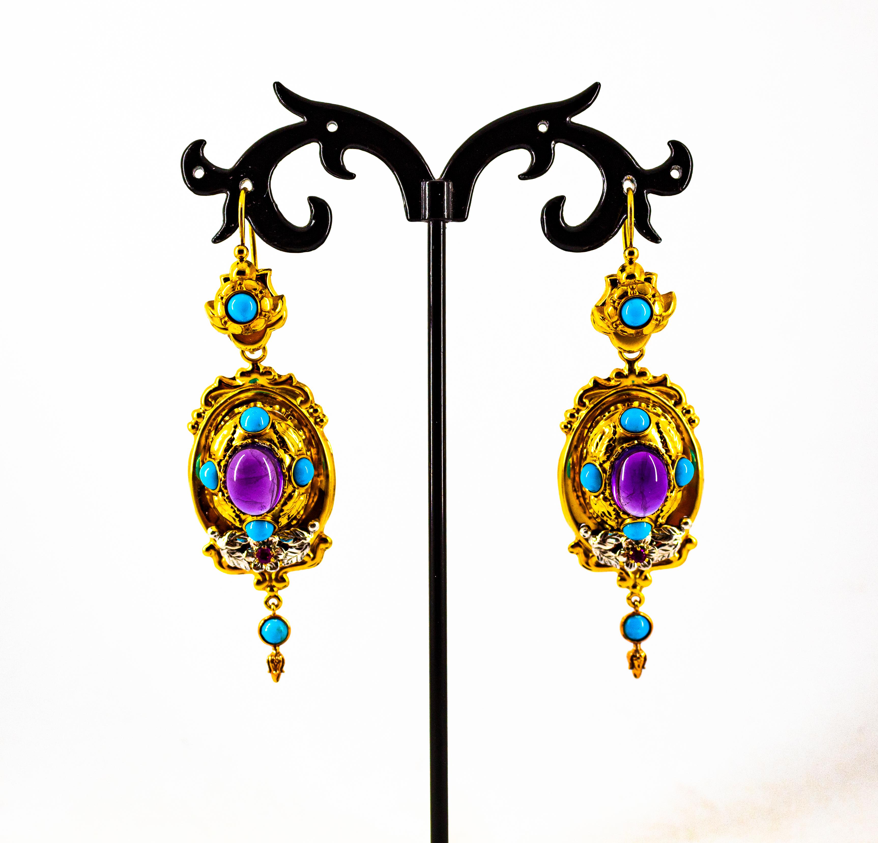 Art Deco Style 5.60 Carat Ruby Amethyst Turquoise Yellow Gold Drop Stud Earrings For Sale 1